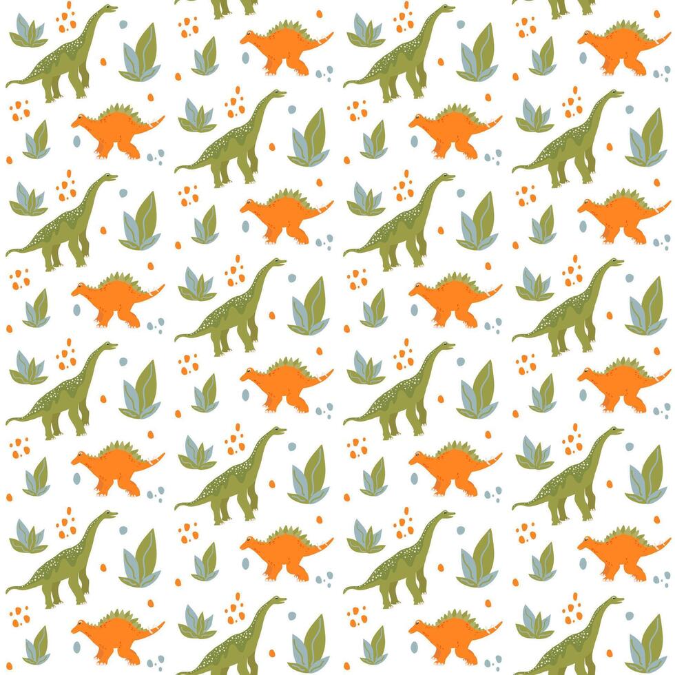 Seamless pattern with cute dino, dinosaur Stegosaurus and Brachiosaurus, abstract children background with plants and stones vector