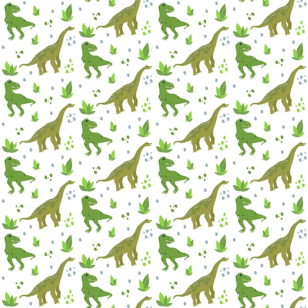 Seamless pattern with cute dino, dinosaur T Rex, Tyrannosaurus and Brachiosaurus, abstract children background with plants and stones vector