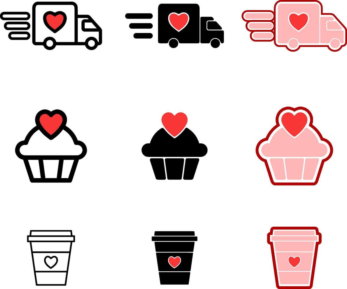 A set of icons with cupcakes, a delivery truck and a heart vector