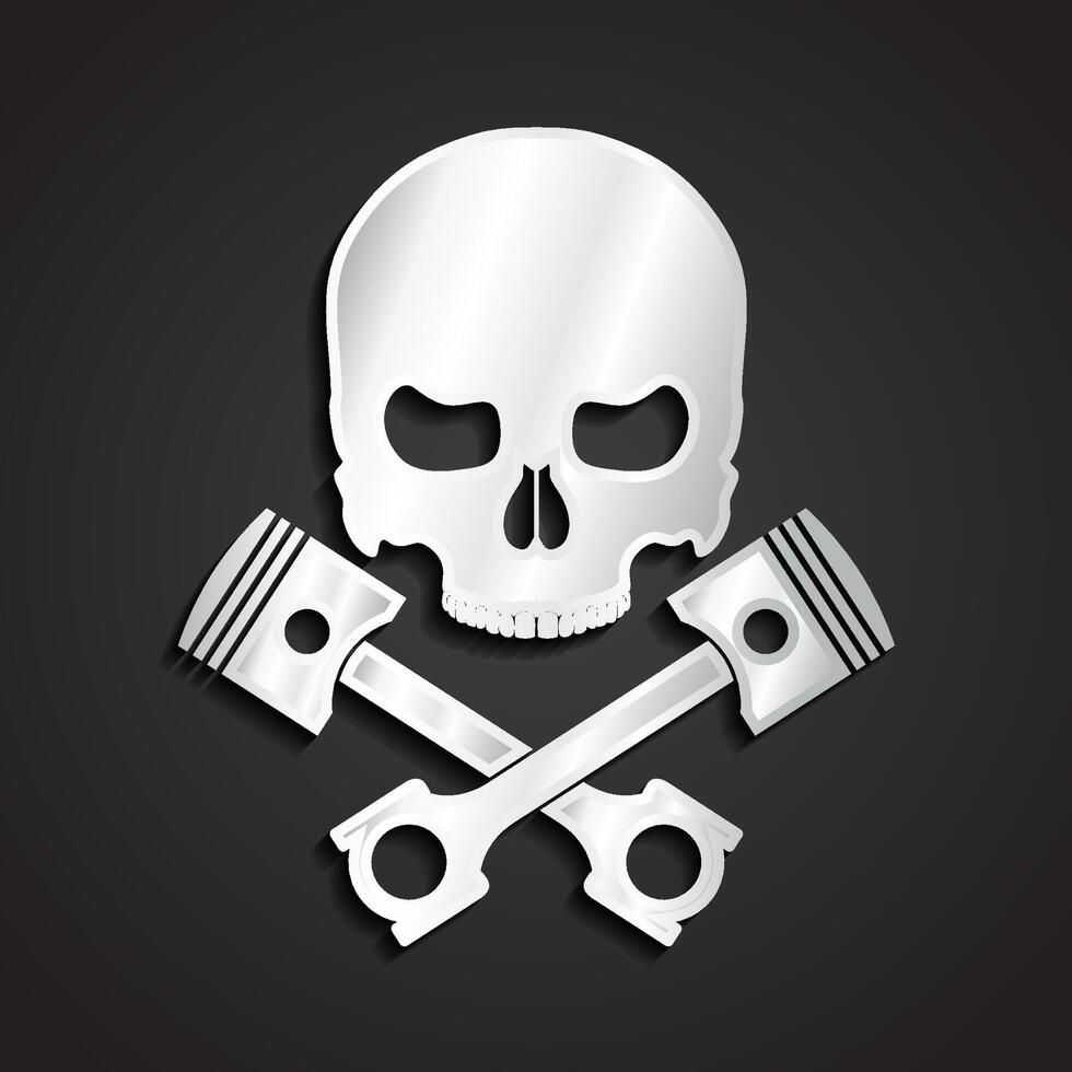 3d silver metal skull with crossed pistons symbol vector