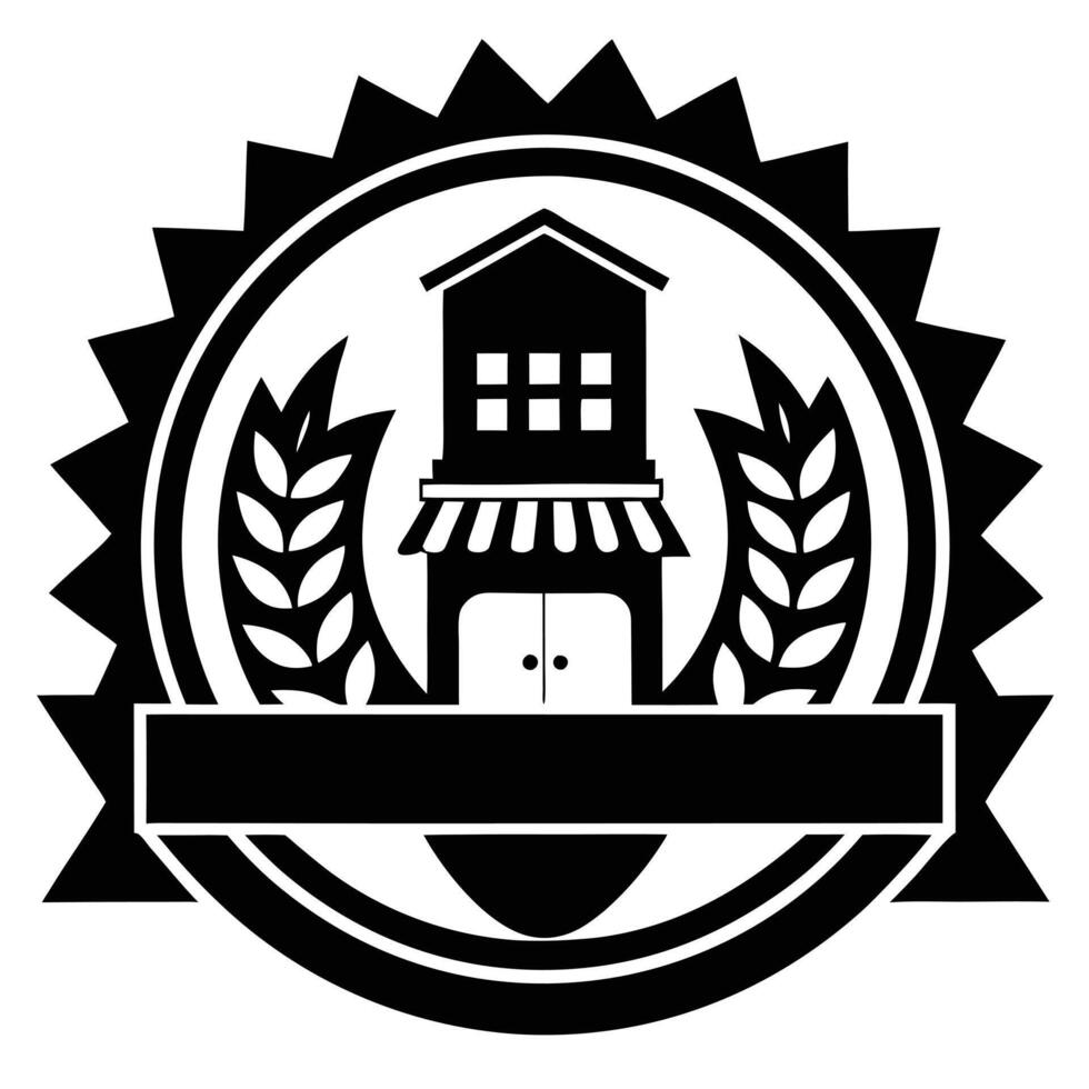 Black and White Building Logo Design with Wheat. vector