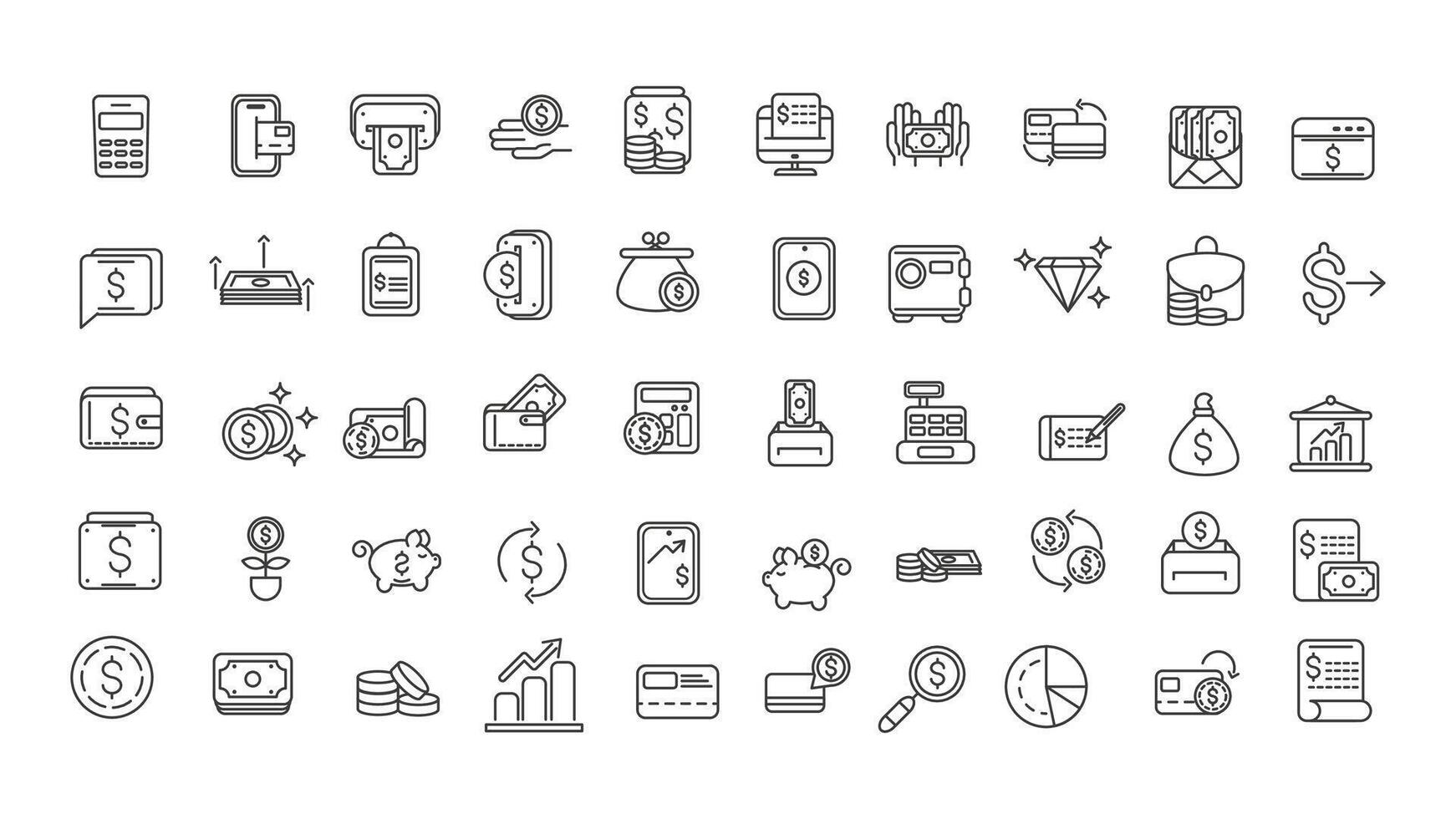 Business and finance editable stroke line 50 icon set with money, bank, check, law, auction, exchance, payment, wallet, deposit, piggy, calculator, web and more isolated outline thin symbol vector