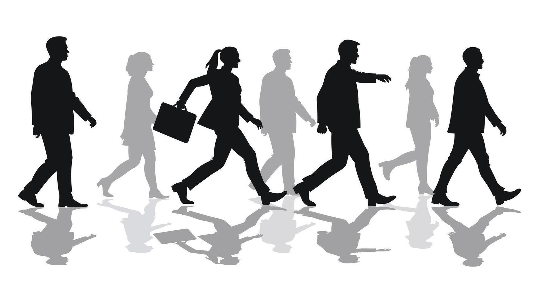 Business people walking to the office, set of silhouettes vector