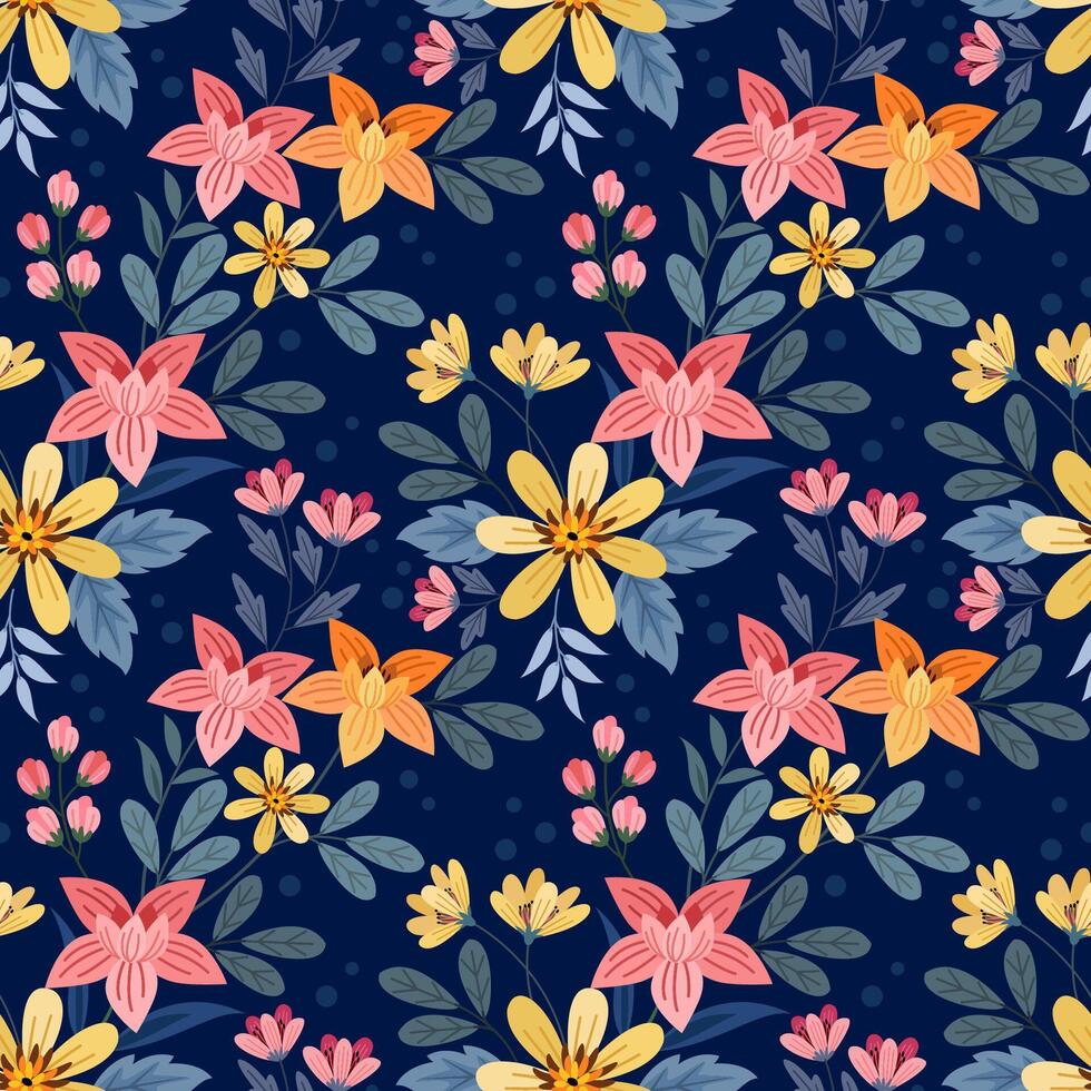 Colorful flowers design on blue color background seamless pattern. vector