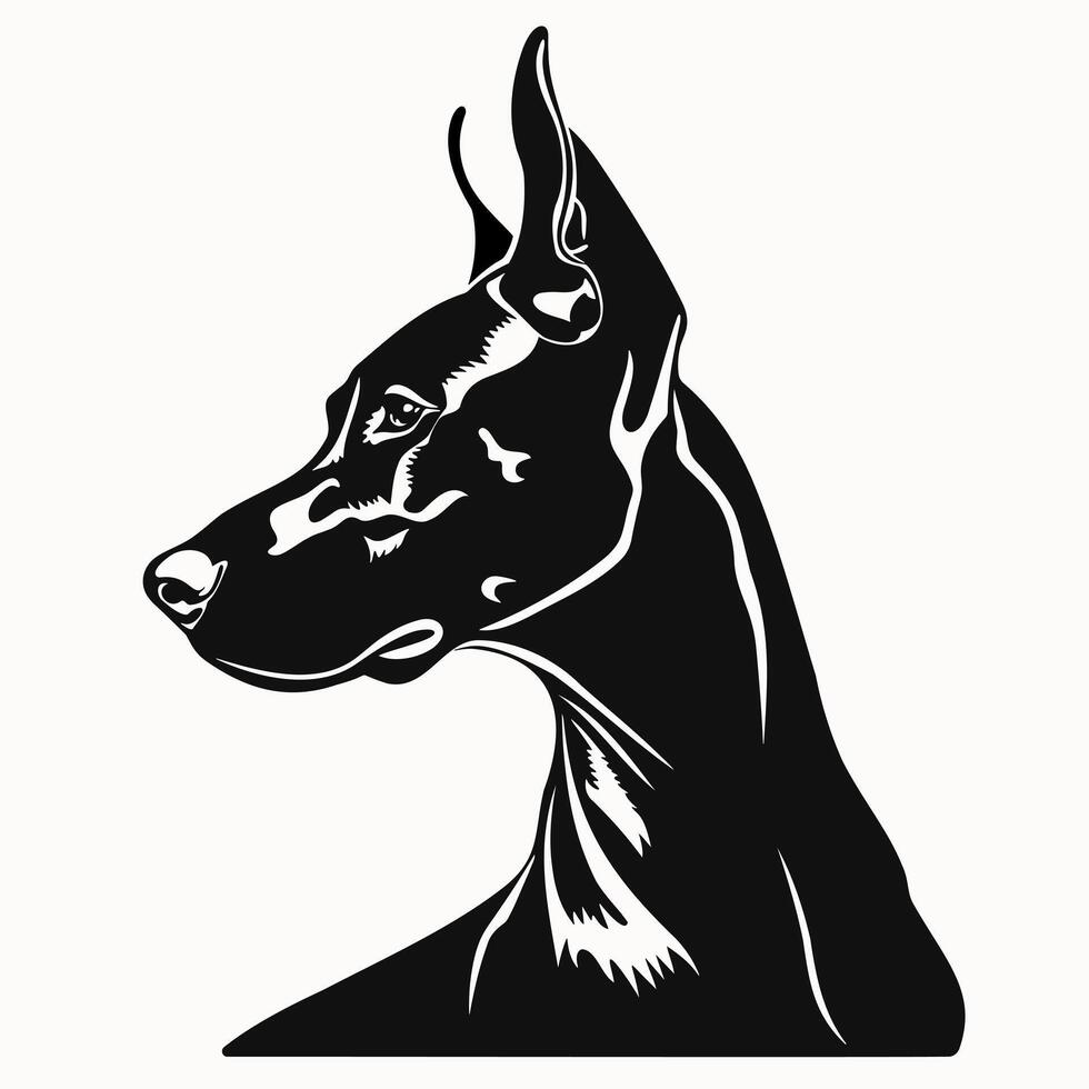 Silhouette Doberman dog isolated on background. Black and white pet portrait for design logo, print, icon vector