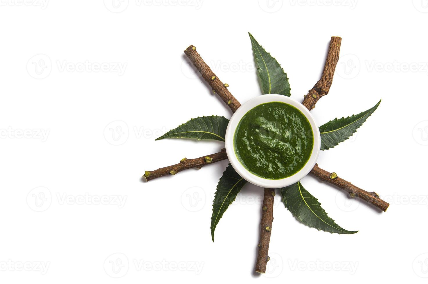 A bowl of green sauce with sticks and leaves photo