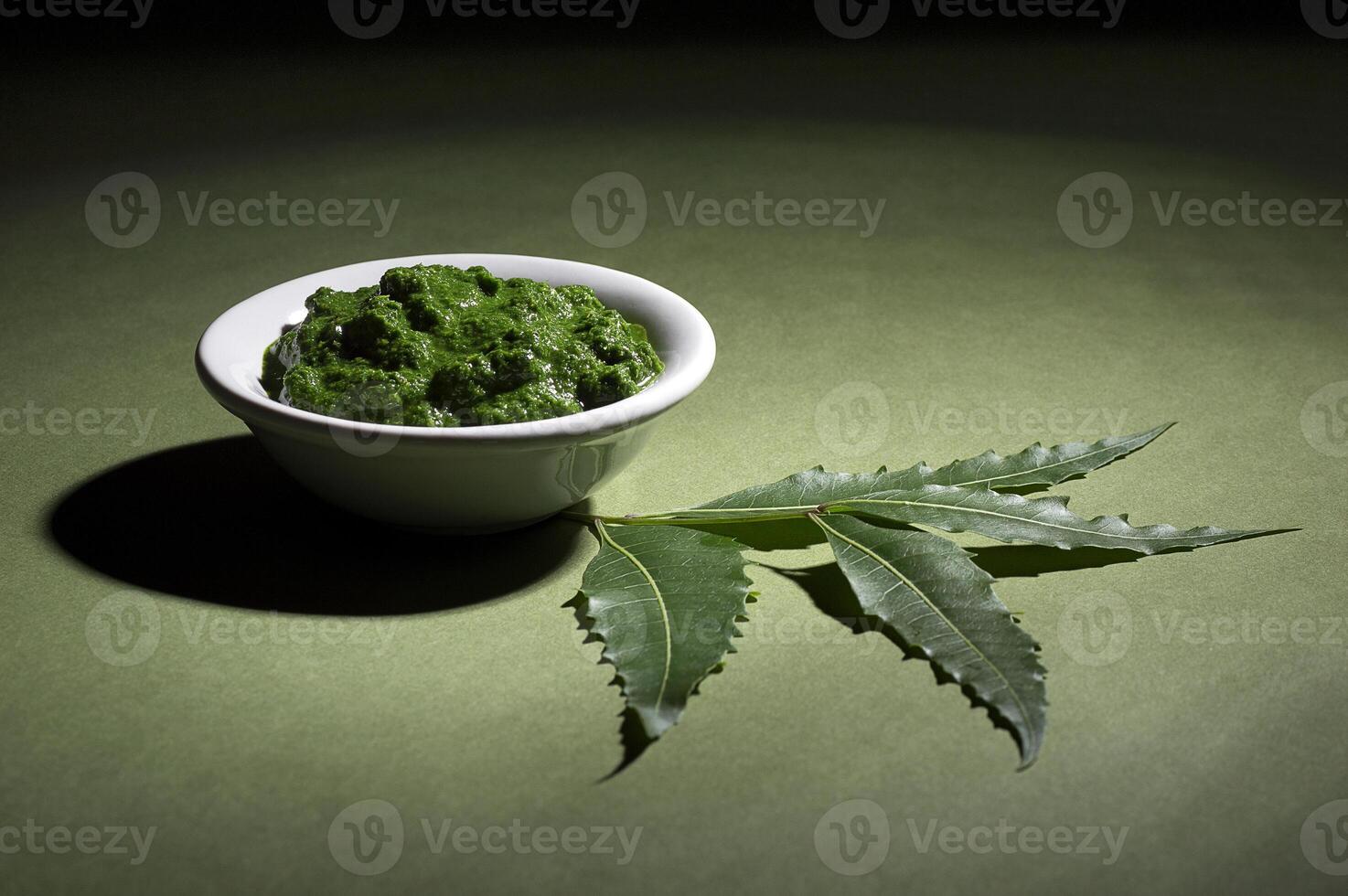 A bowl of green paste with a leaf on top photo