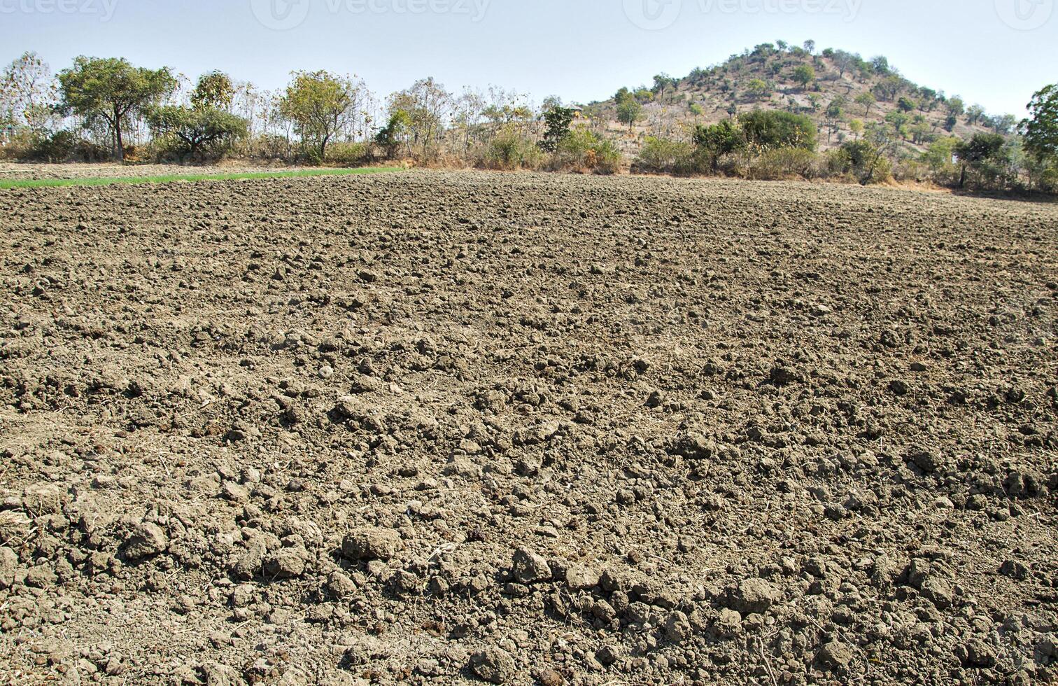 A field with dirt and a hill in the background photo