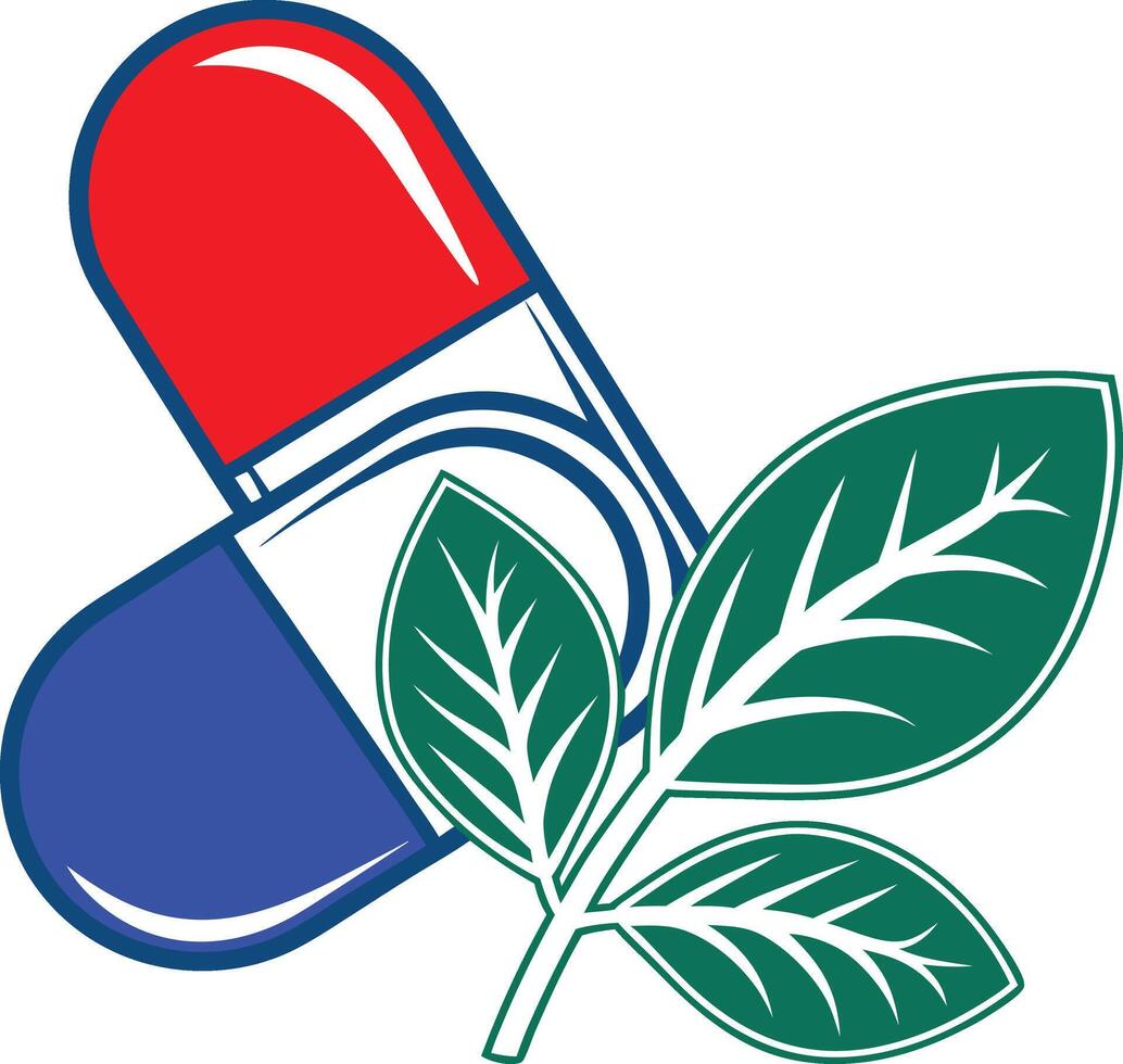 Medical icon that combines a simple pill capsule split in half, with one half forming a green leaf symbol, suggesting natural or herbal medicine and drug icon. vector