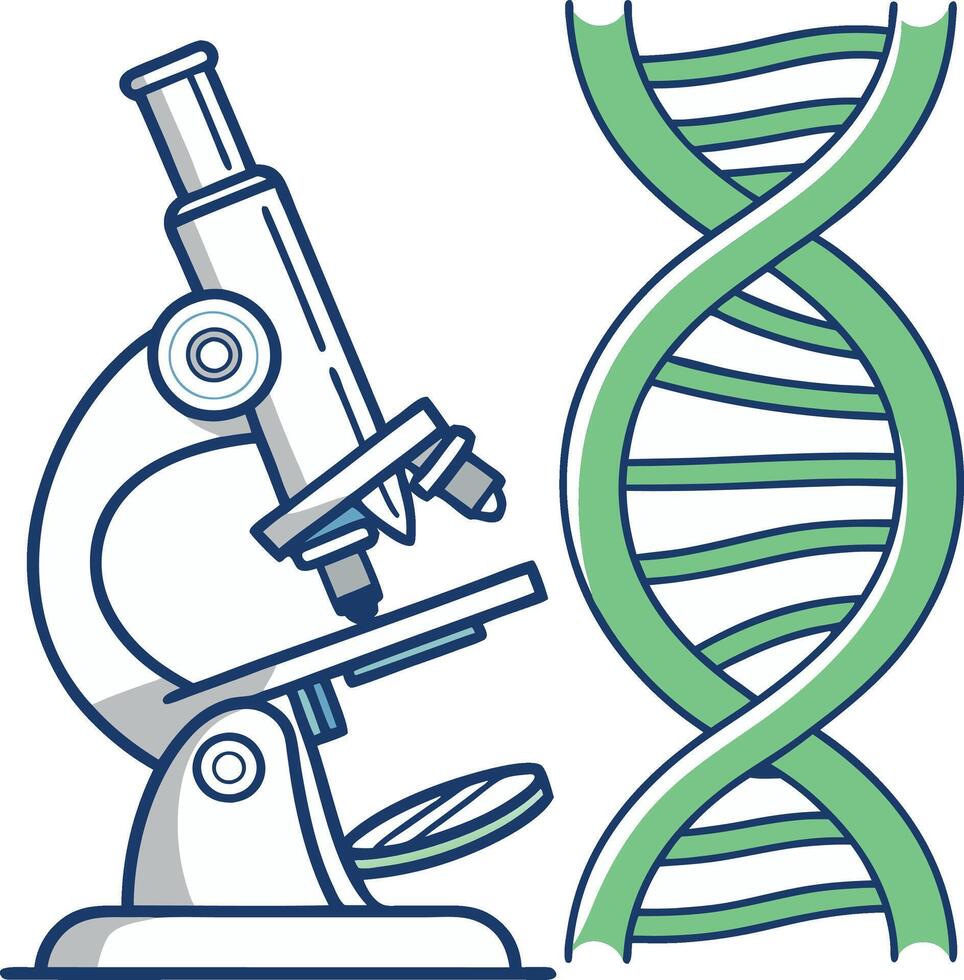 A scientific and professional looking medical icon featuring a microscope in profile view, alongside a DNA double helix. The microscope is metallic gray with blue highlights. vector