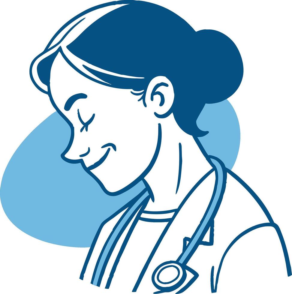 A simple, friendly icon representing a doctor face with a stethoscope hanging around the neck. The figure has a slight smile, with blue and white coloring for a comforting feel. vector