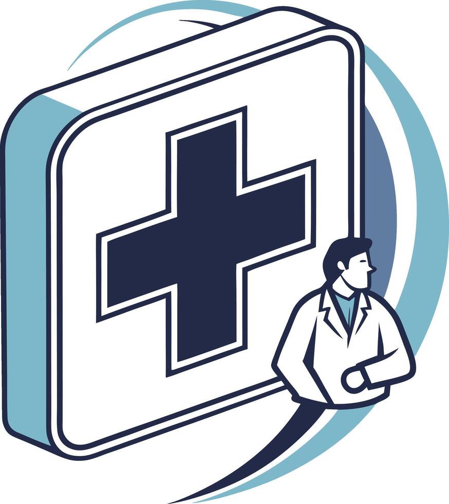 A modern minimalist medical icon featuring a medical cross symbol with soft, rounded edges. The cross is centered, with a gradient from light blue to dark blue. vector