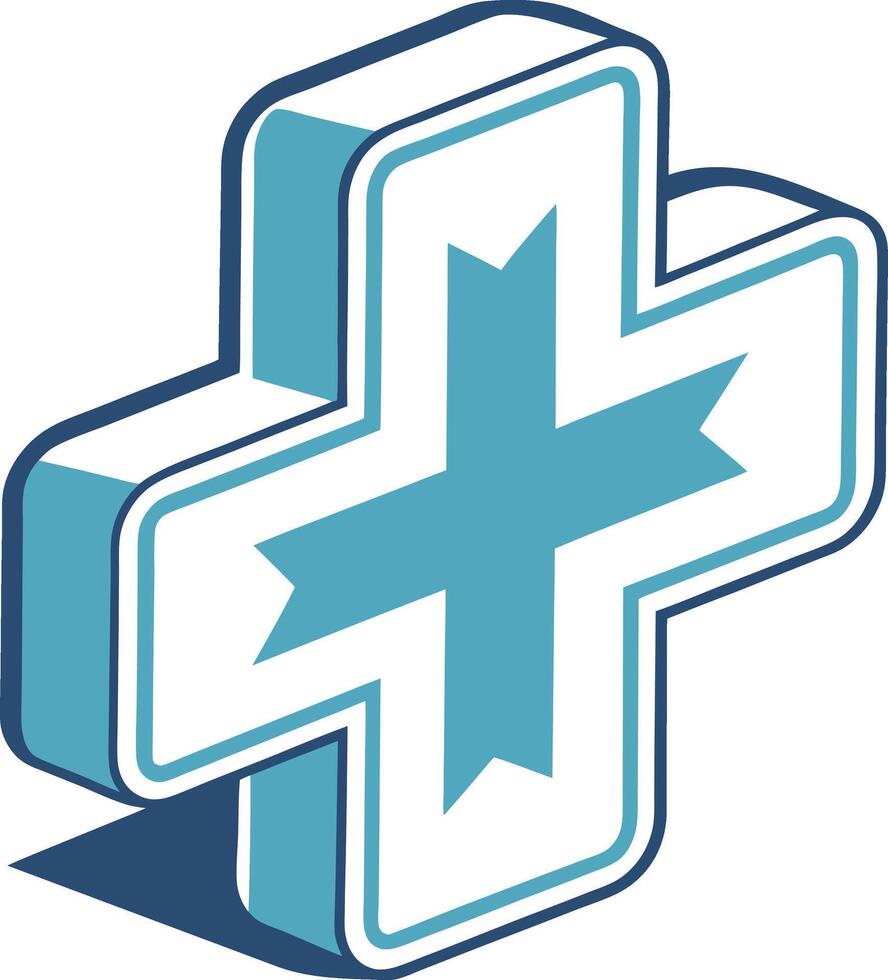 A modern minimalist medical icon featuring a medical cross symbol with soft, rounded edges. The cross is centered, with a gradient from light blue to dark blue. vector