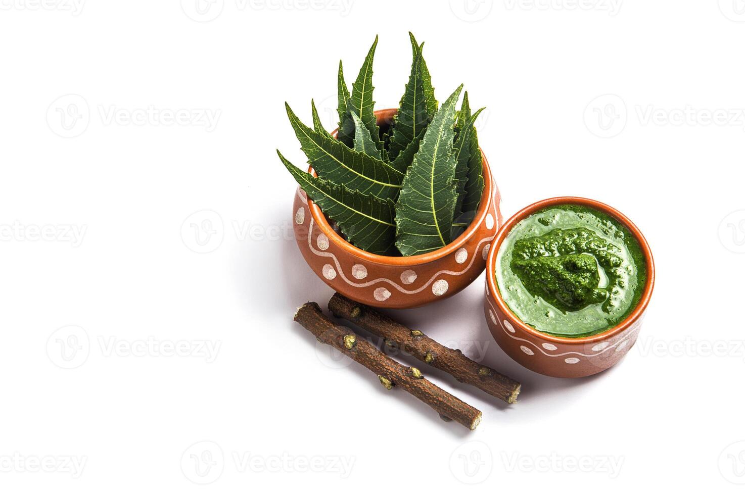 Medicinal Neem leaves with paste and twigs on white background photo