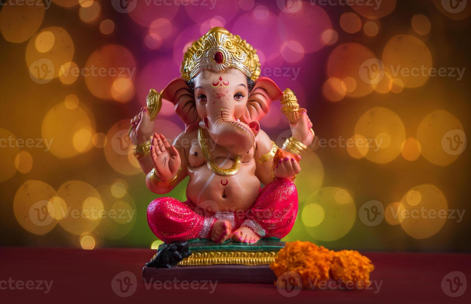 Hindu God Ganesha on Blured bokeh background, Ganesha Idol. photo