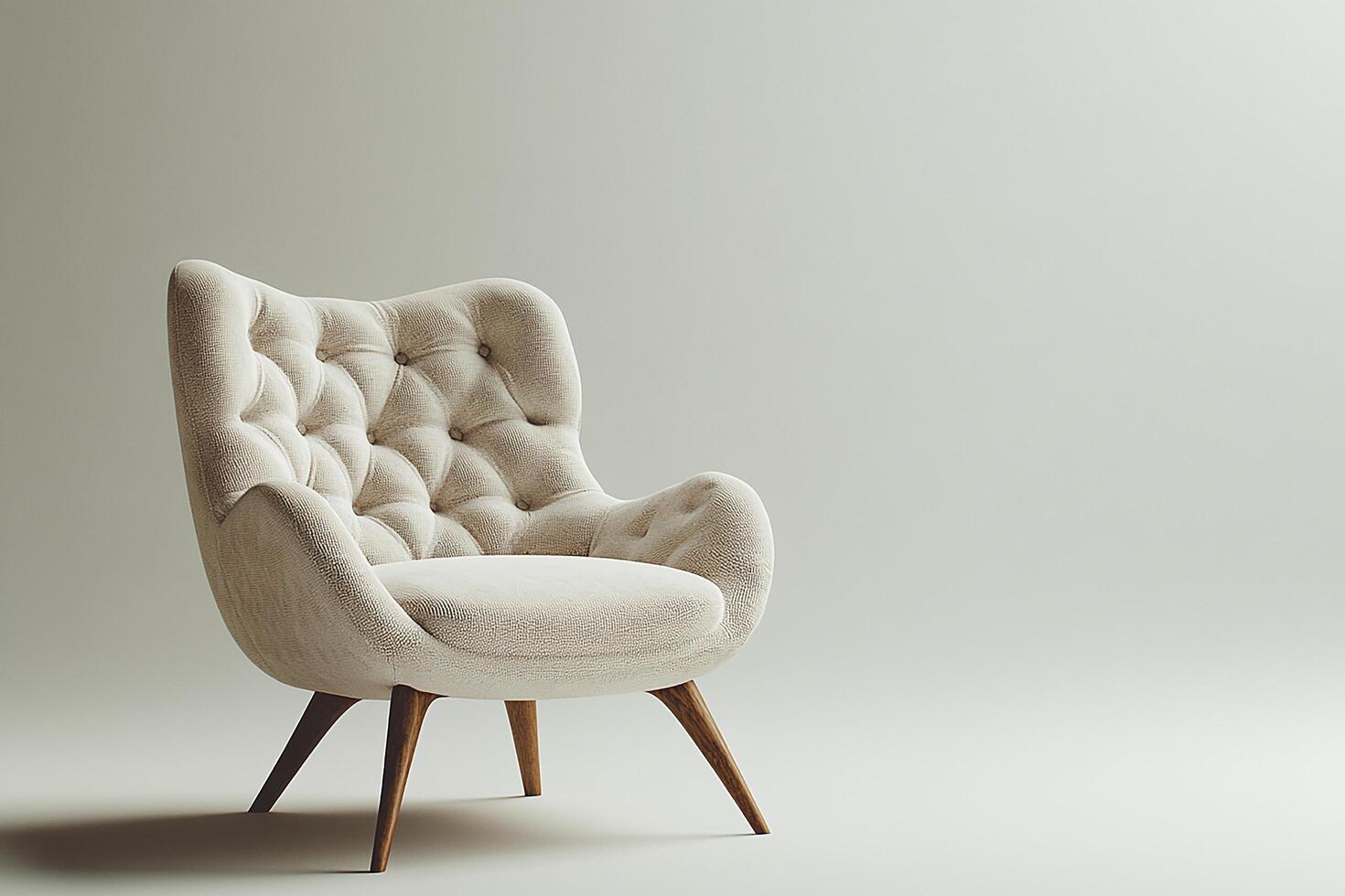 Chic modern chair with button tufts and angular wooden legs isolated photo