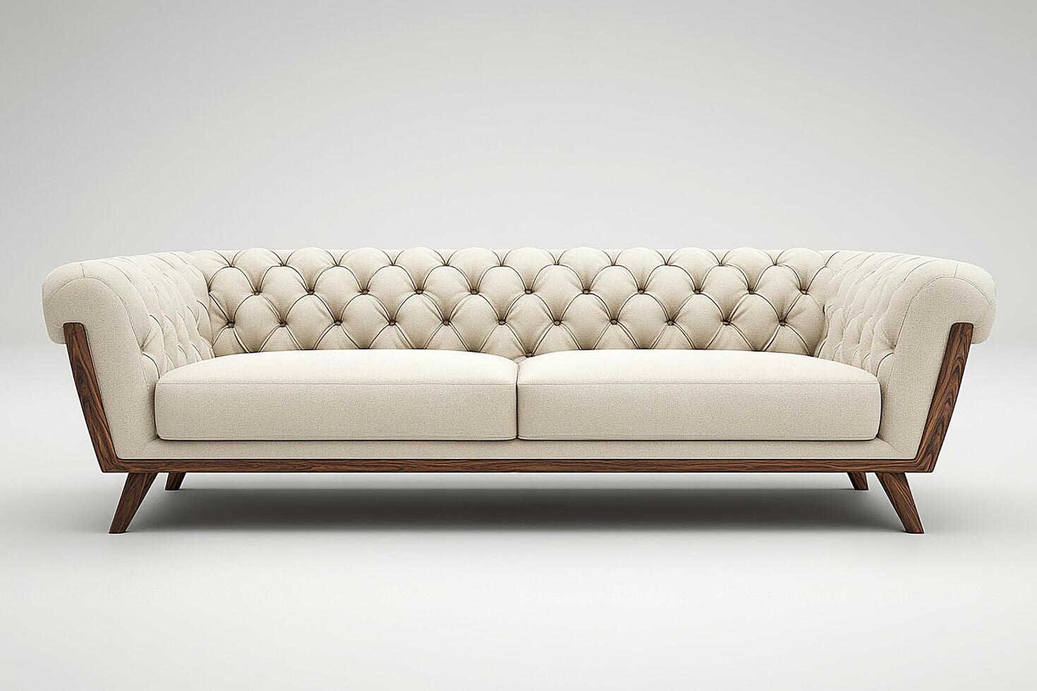 Chic modern sofa with button tufts and angular wooden legs isolated photo