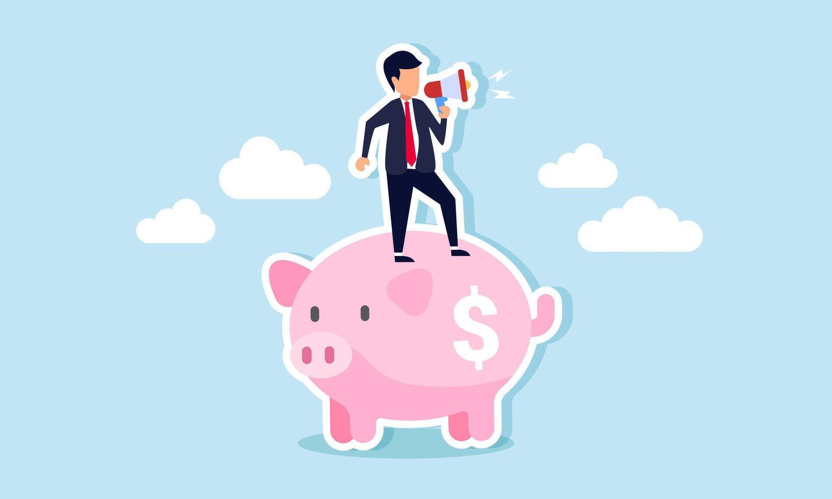 A businessman speaks through a megaphone on top of a piggy bank, illustrating a broadcast and education on investment awareness vector