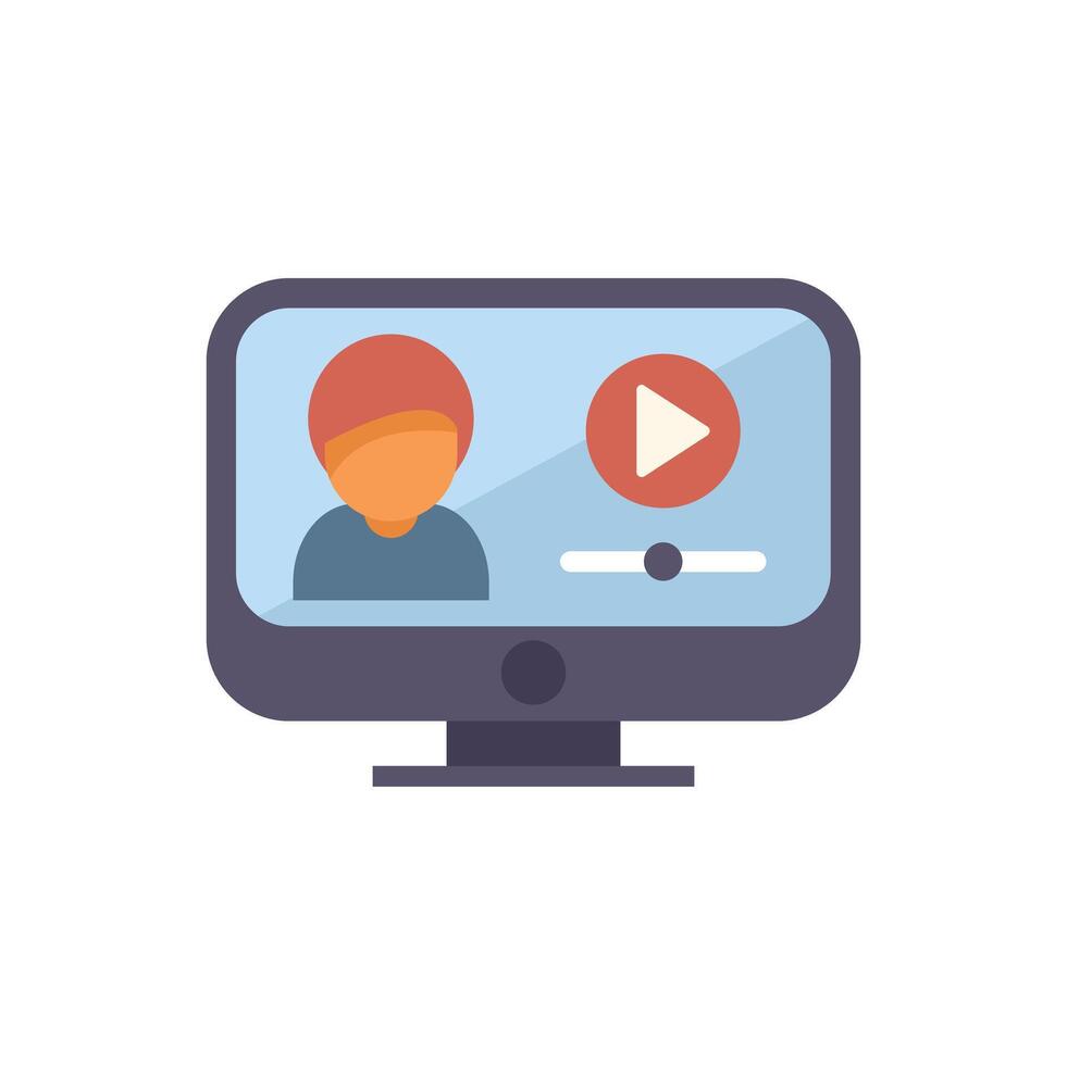 Computer showing video player with man on screen and play button vector