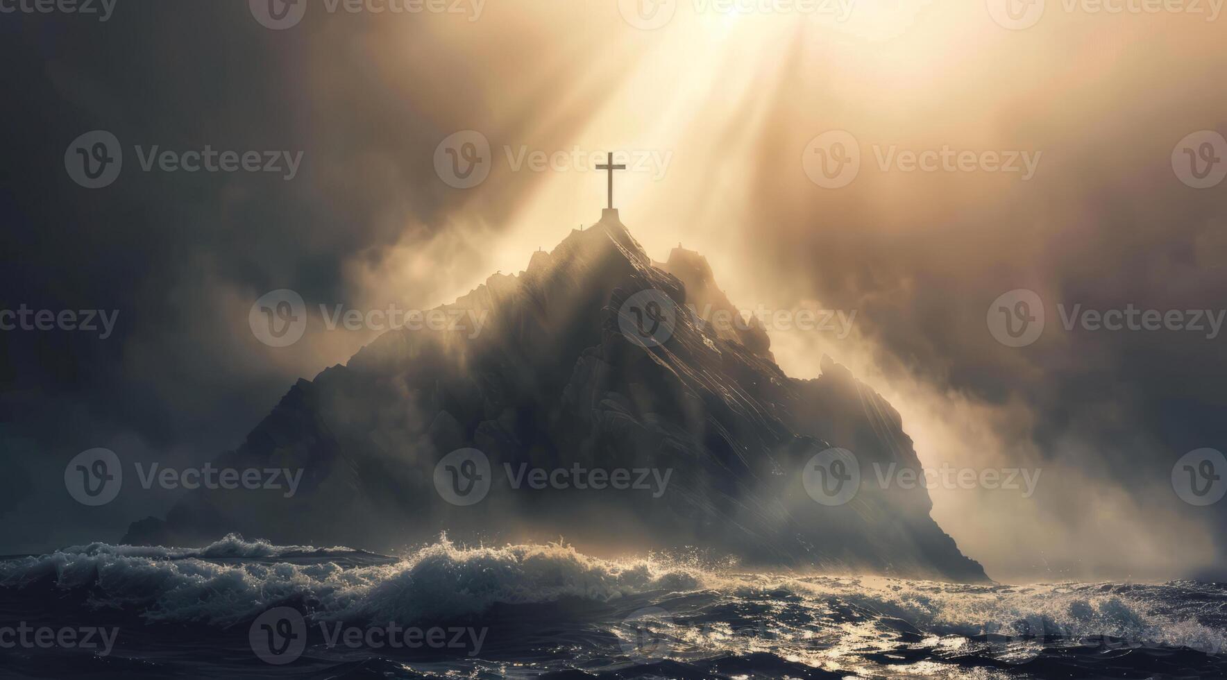 Dramatic Christian cross on the top of the mountain. Concept of strong faith and god wrath photo