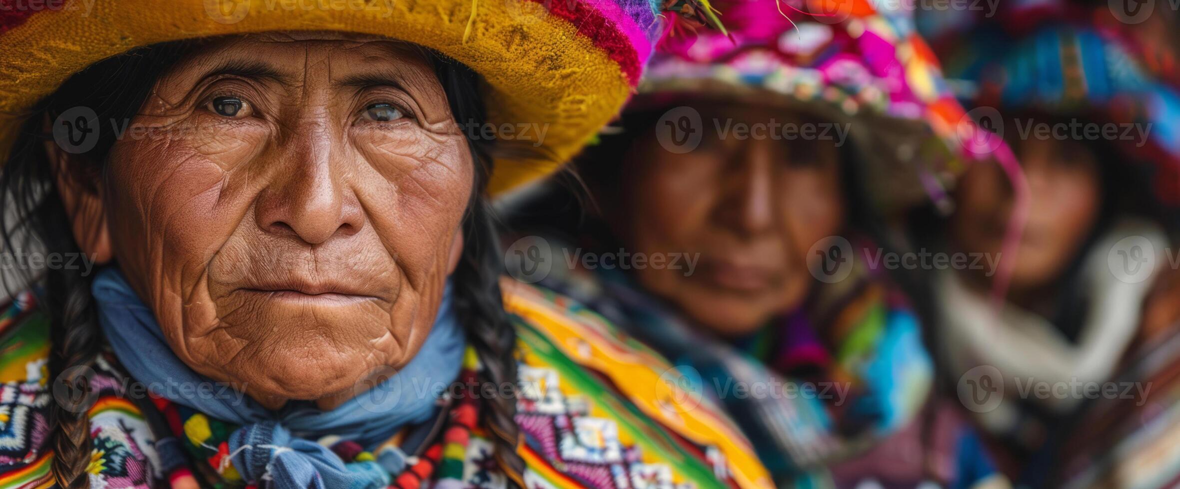 Smiling native indigenous people of Bolivia and South America, dressed in colorful native clothes photo