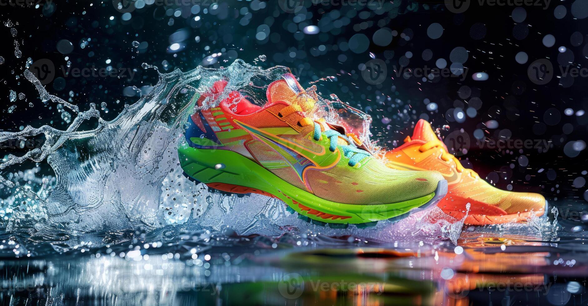 Colorful running shoes in splashes water. Shoes are bright. Water adds sense of energy to scene photo