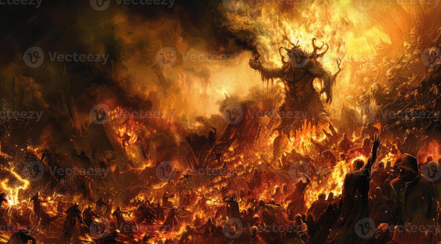 A fiery, dark scene of hell and eternal burning fire that punishes suffering sinners photo