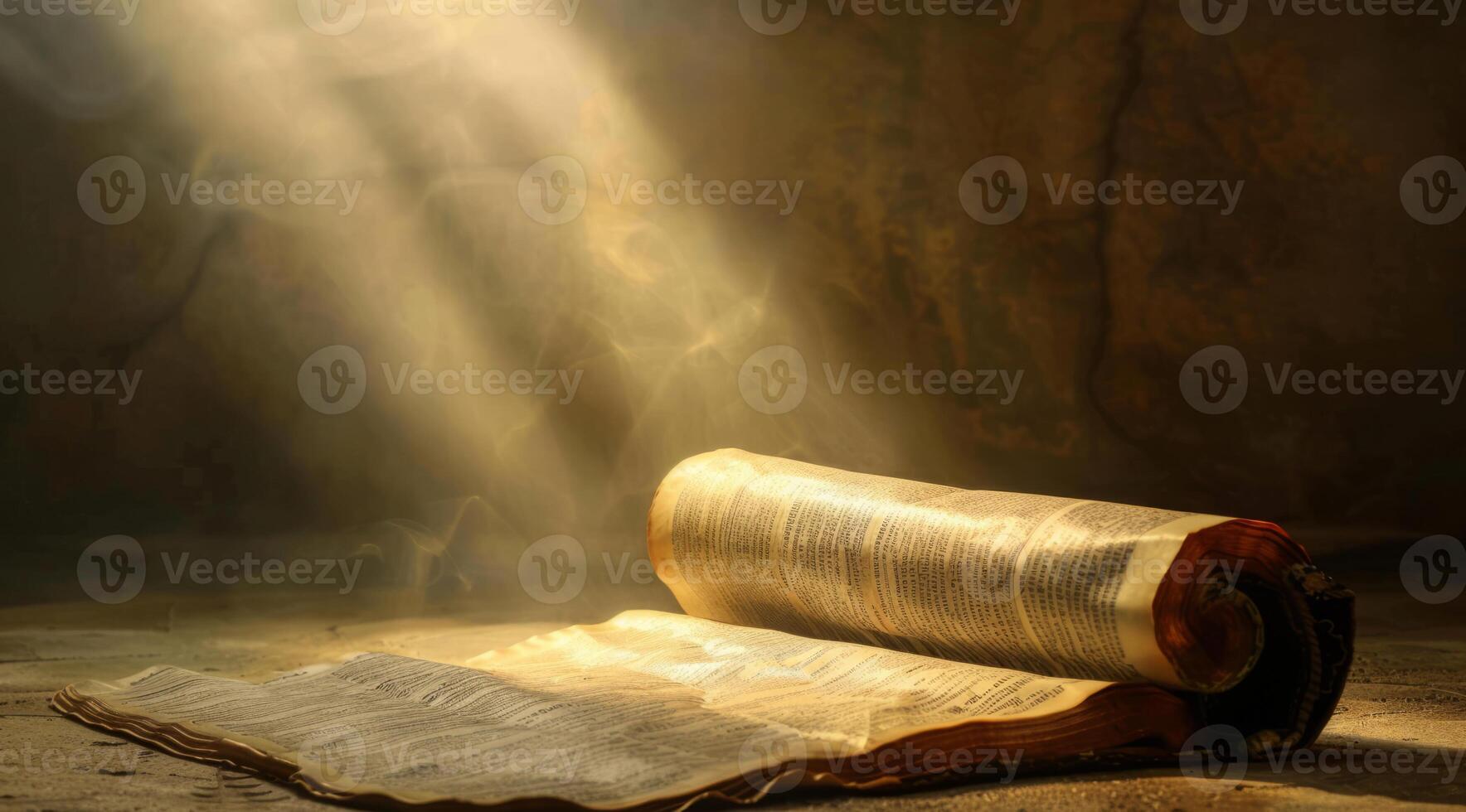 Open bible book on a wooden table at sunset with cross in front of it. Strong Christian faith photo