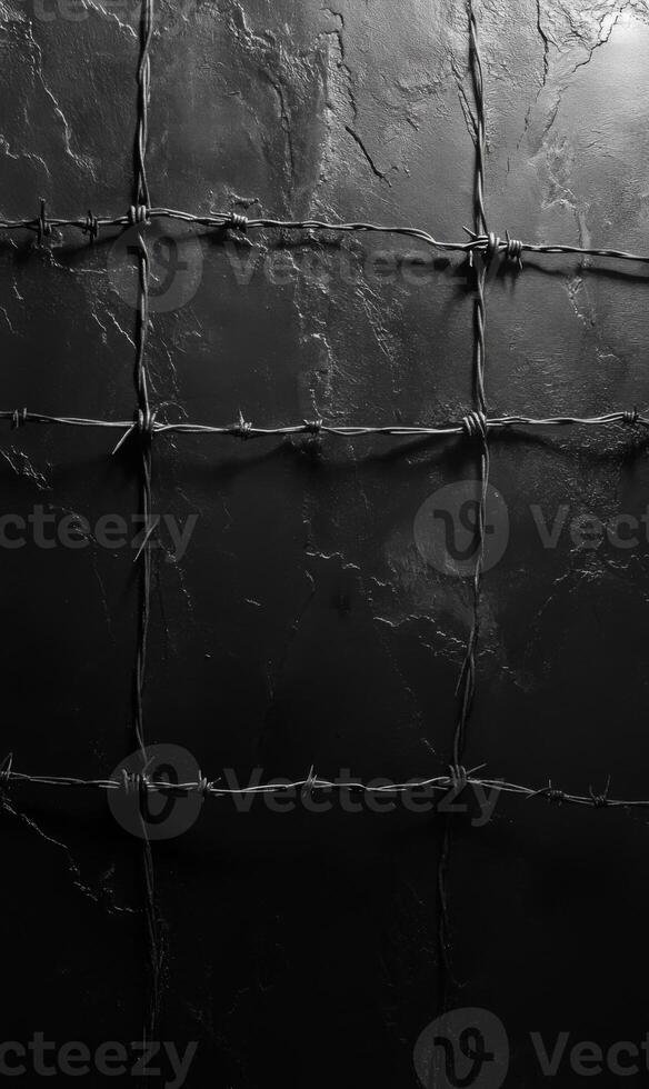 Shadows of barbed wire casting on a wall, empty space for dramatic effect, monochrome theme photo