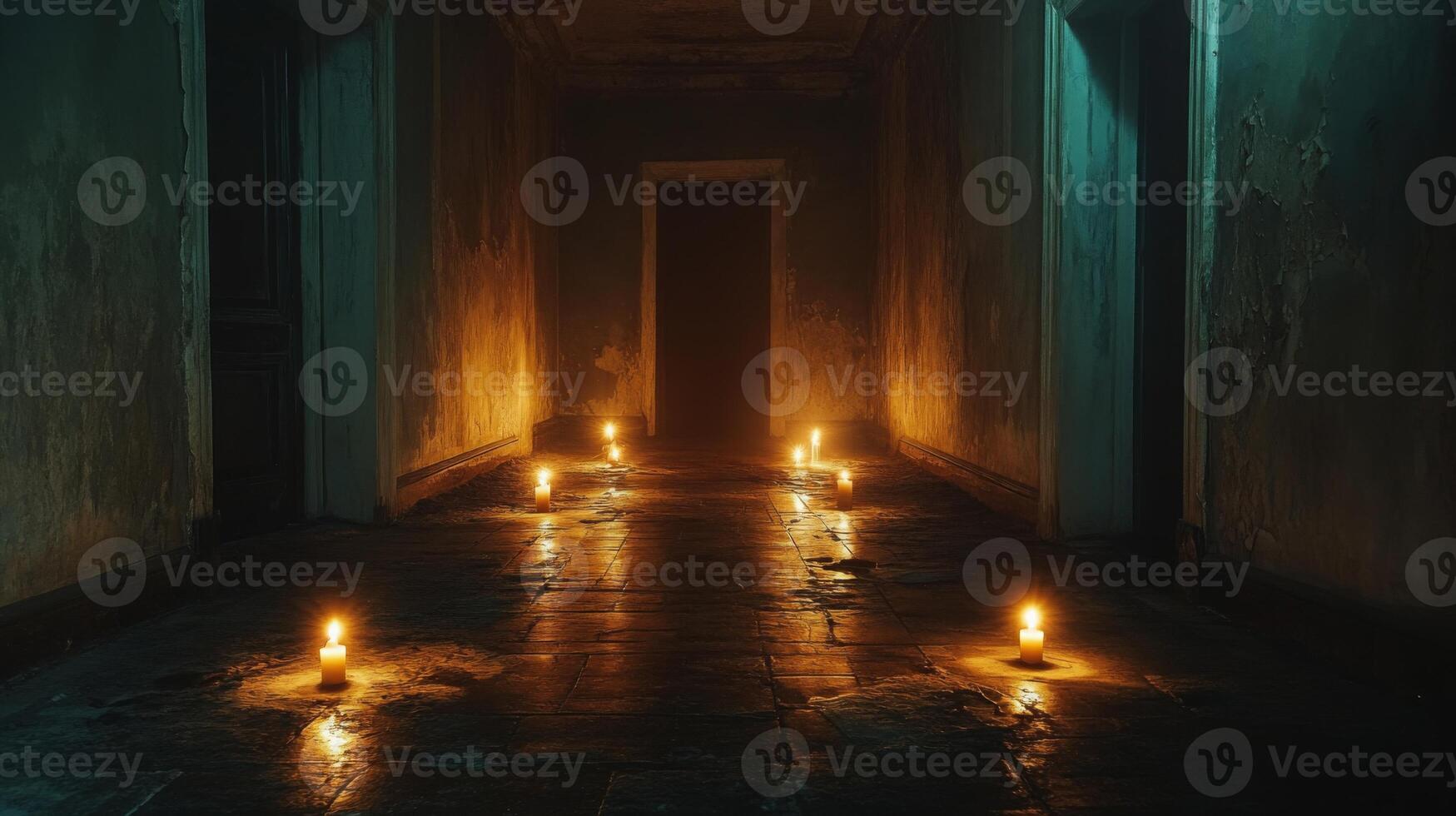 Candlelit path in a dark room, empty space for symbolism, solemn lighting photo