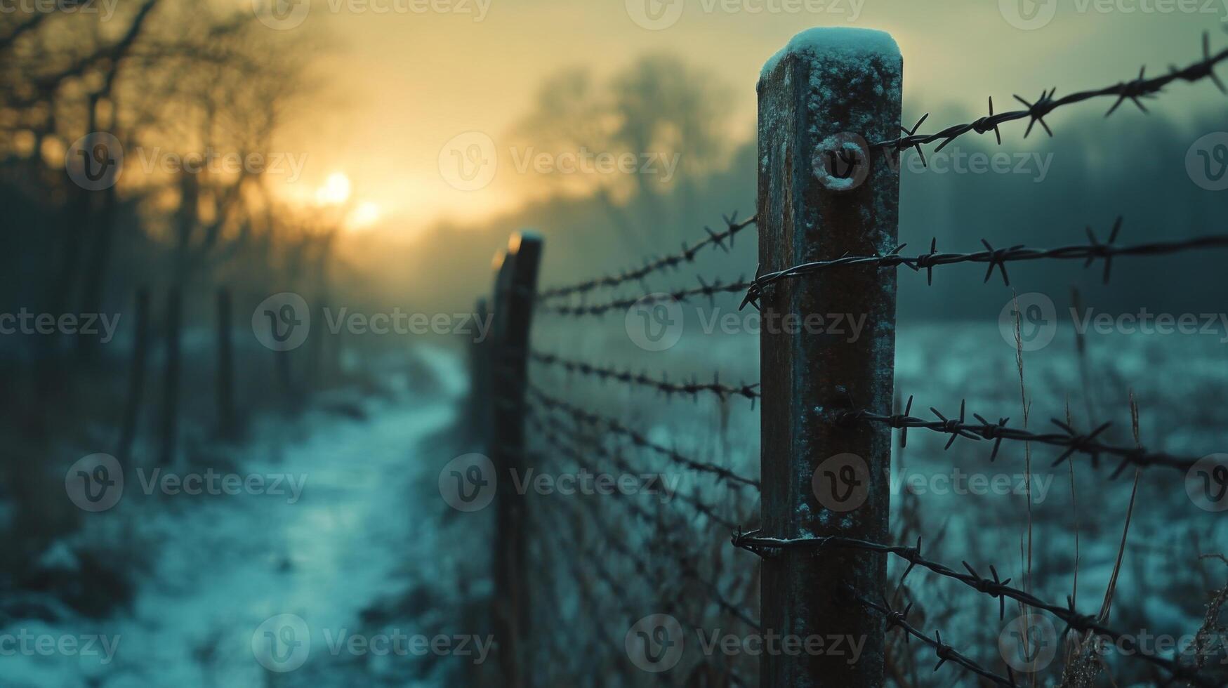 Barbed wire in sharp focus against a blurred background, symbolizing confinement and loss, empty space on one side photo