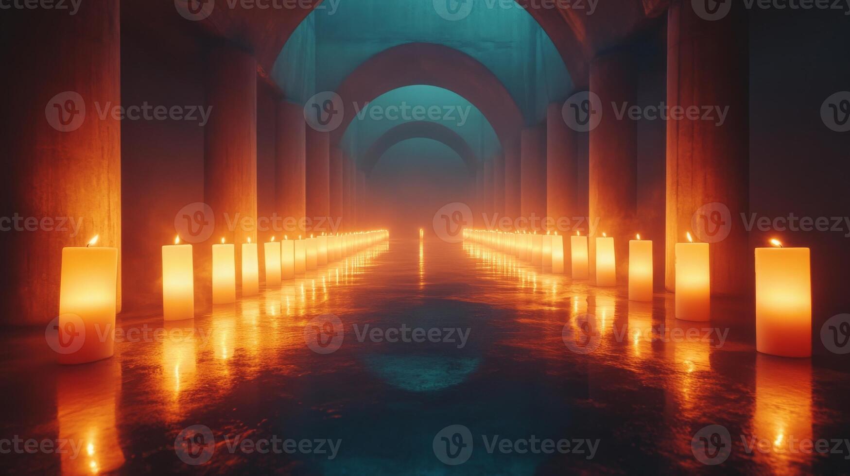 Rows of candles lighting up a dark room, empty space for reflection, soft glow photo