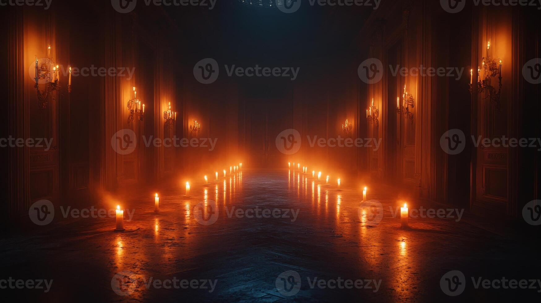 Candlelit path in a dark room, empty space for symbolism, solemn lighting photo