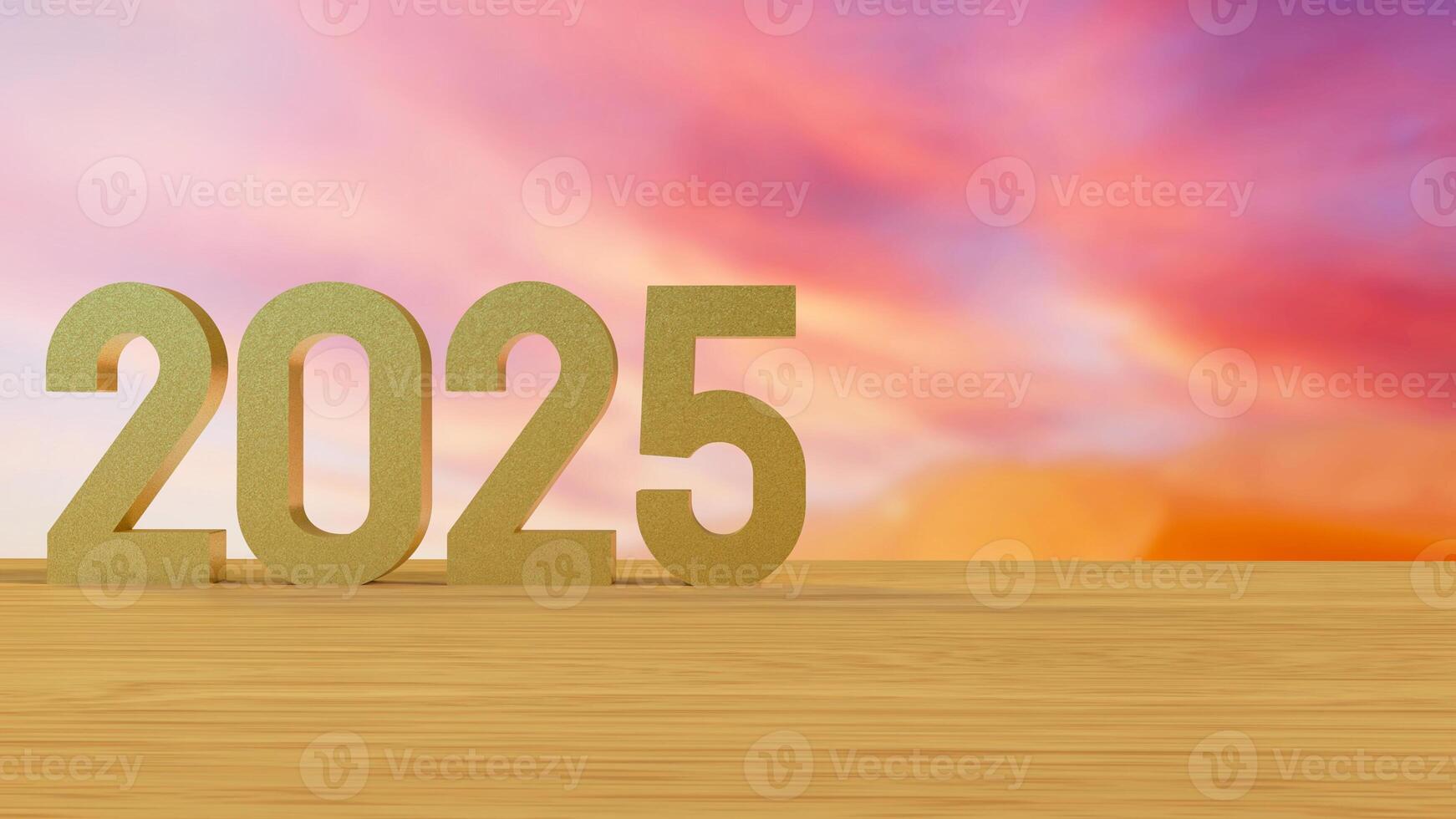 The 2025 number on wood table for new year or celebration concept 3d rendering. photo