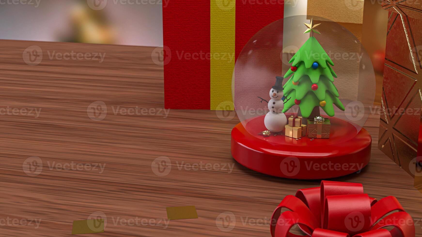 The Snow man in glass ball and gift box for holiday and celebration concept 3d rendering. photo