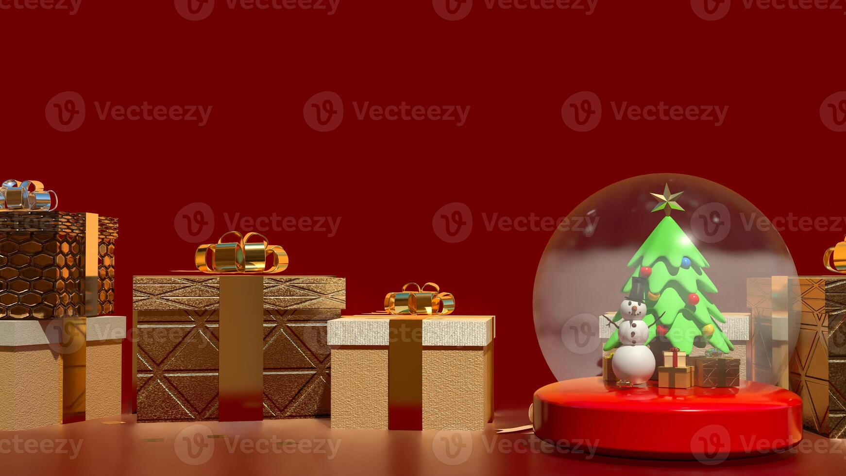 The Snow man in glass ball and gift box for holiday and celebration concept 3d rendering. photo