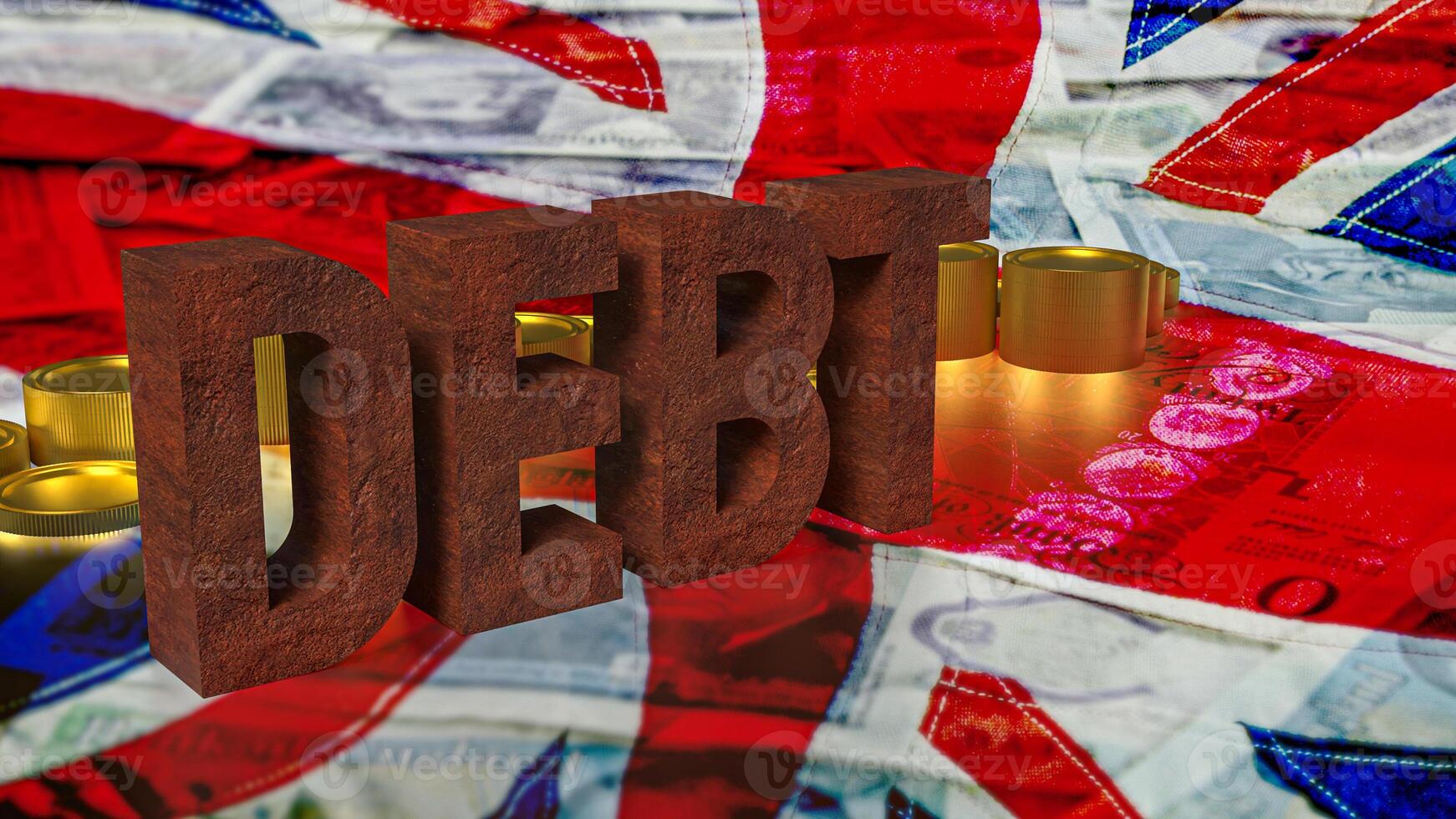 The rusty debt text on English flag for Business concept 3d rendering. photo