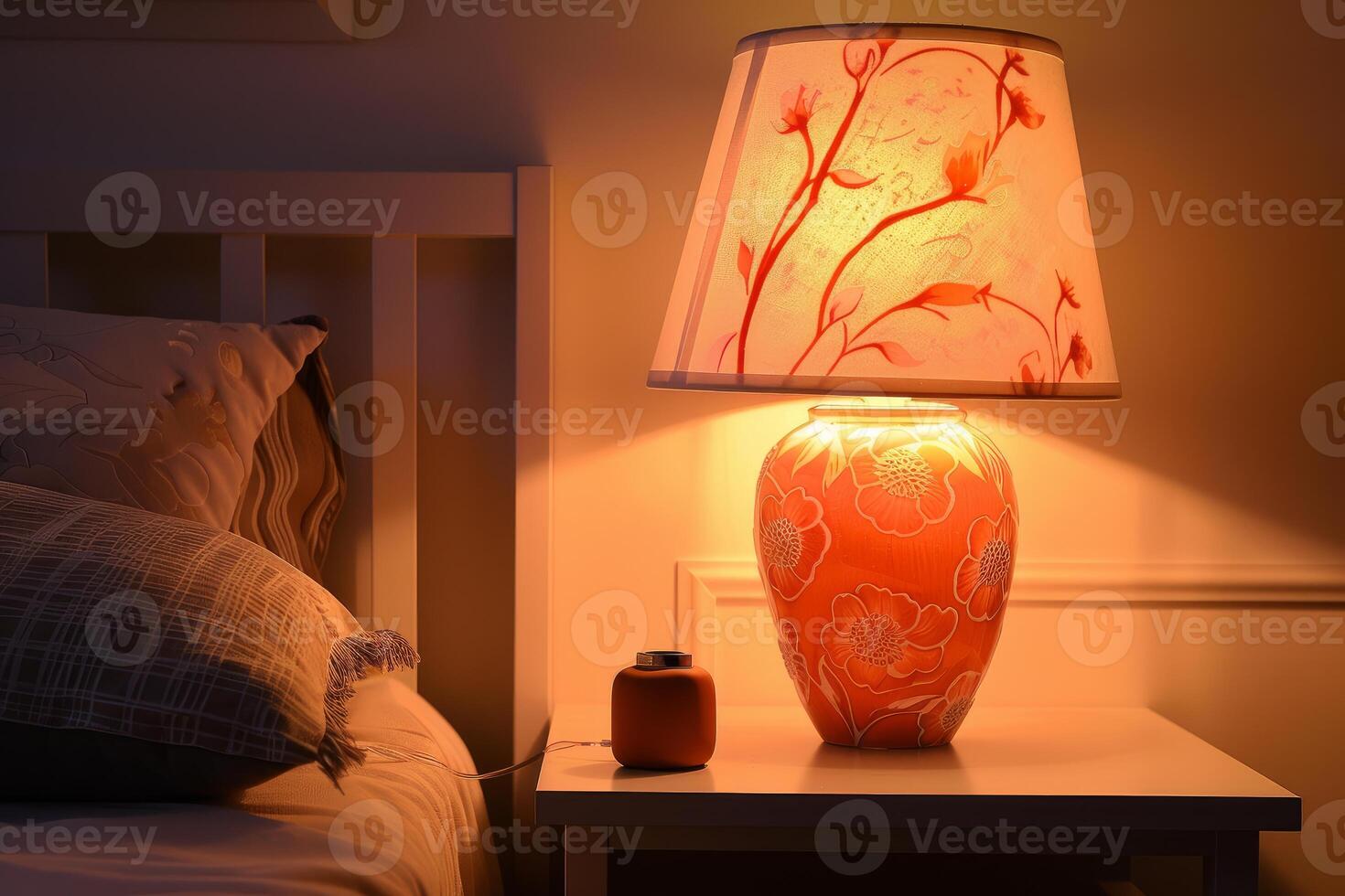 Elegant floral lamp illuminating bedroom in warm light photo