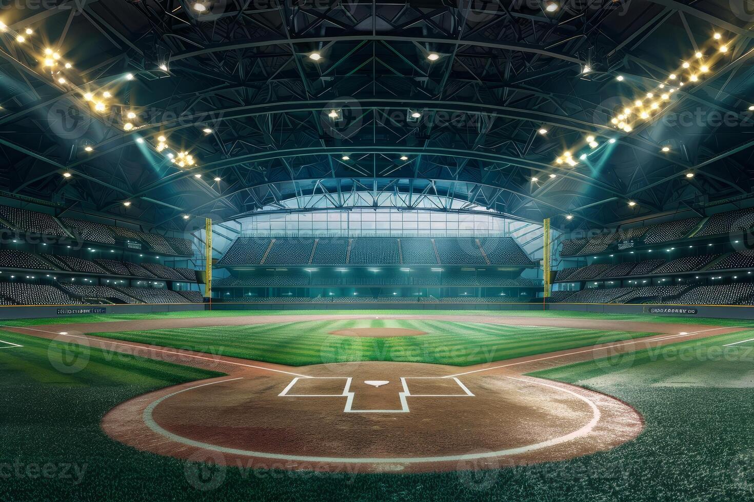 Baseball stadium at night with bleachers and lights illuminating the field photo