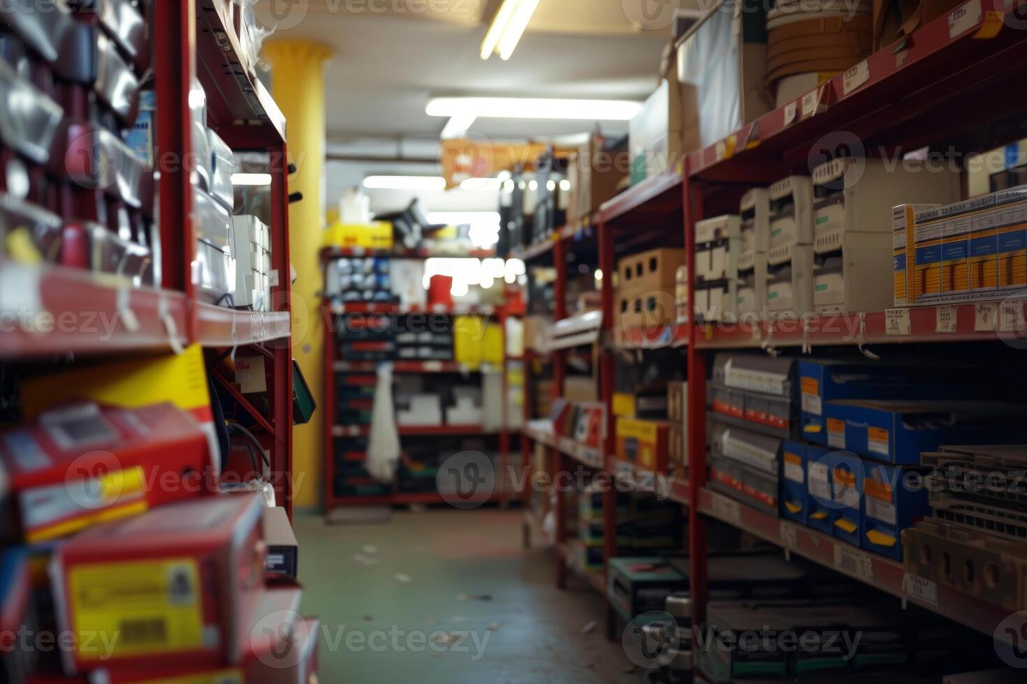 Narrow aisle running through hardware store with shelves full of goods photo