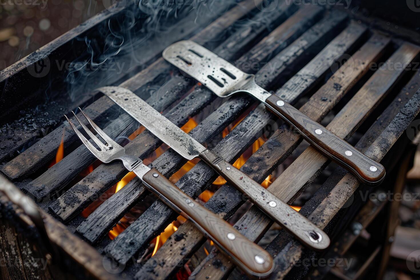 Barbecue utensils heating up on grill getting ready for meat photo