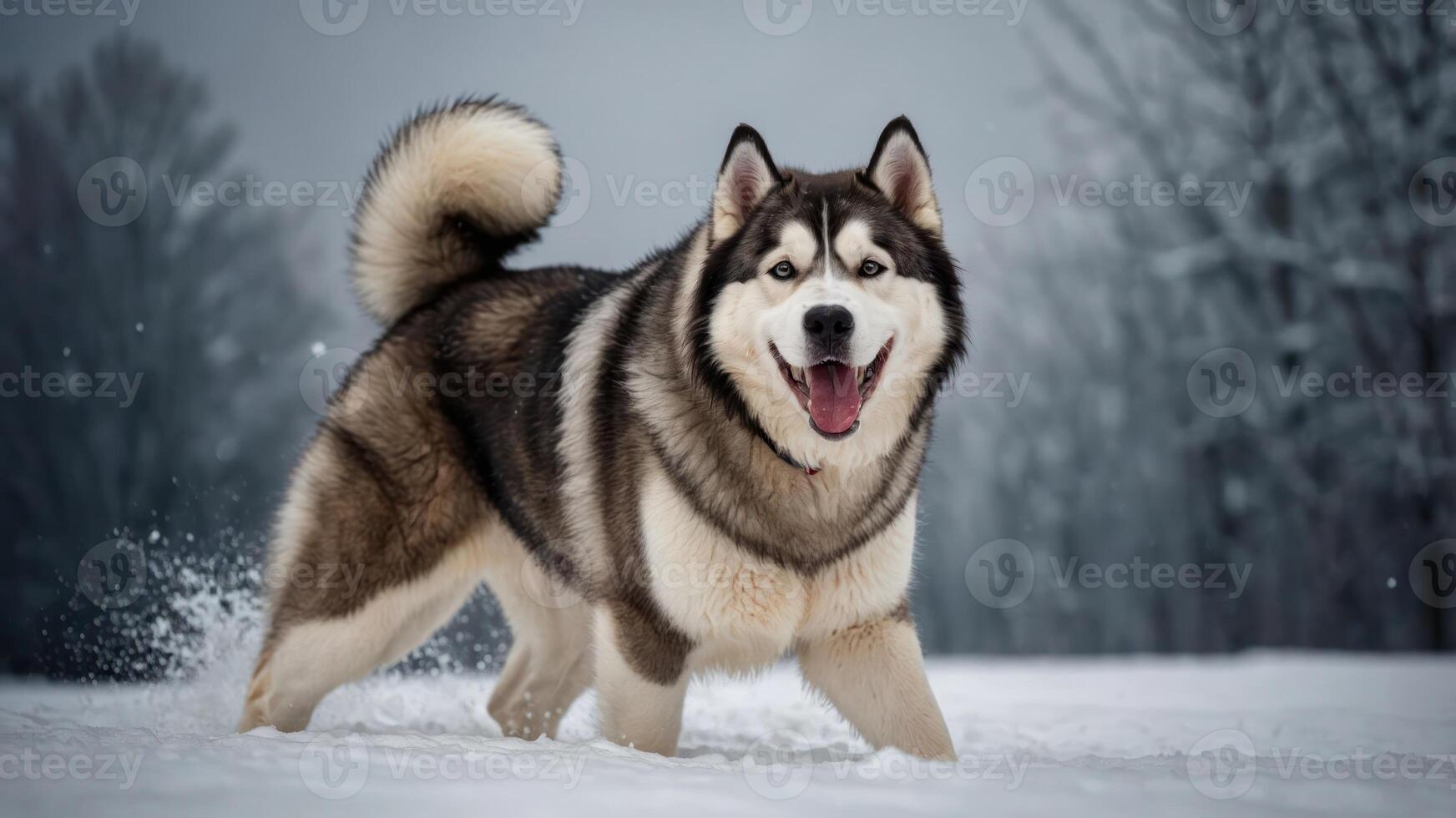A happy dog playing in the snow, showcasing joy and playfulness in a winter landscape. photo