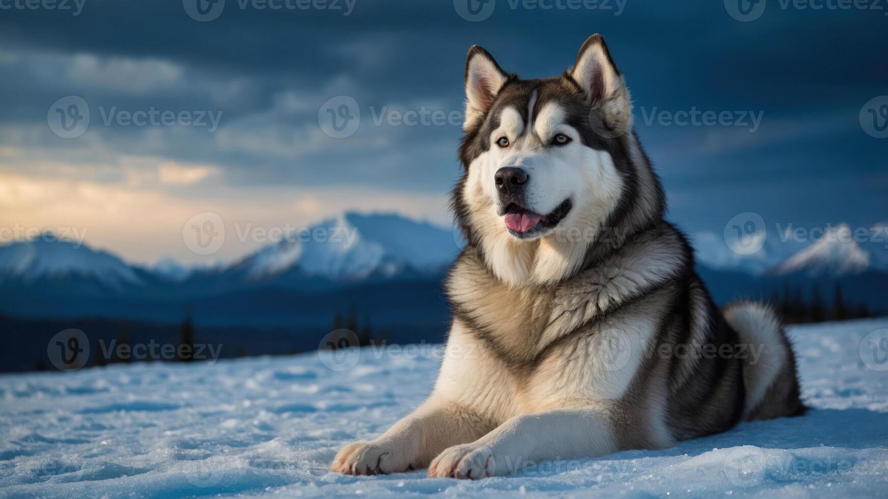 A majestic dog resting on snow with mountains in the background. photo