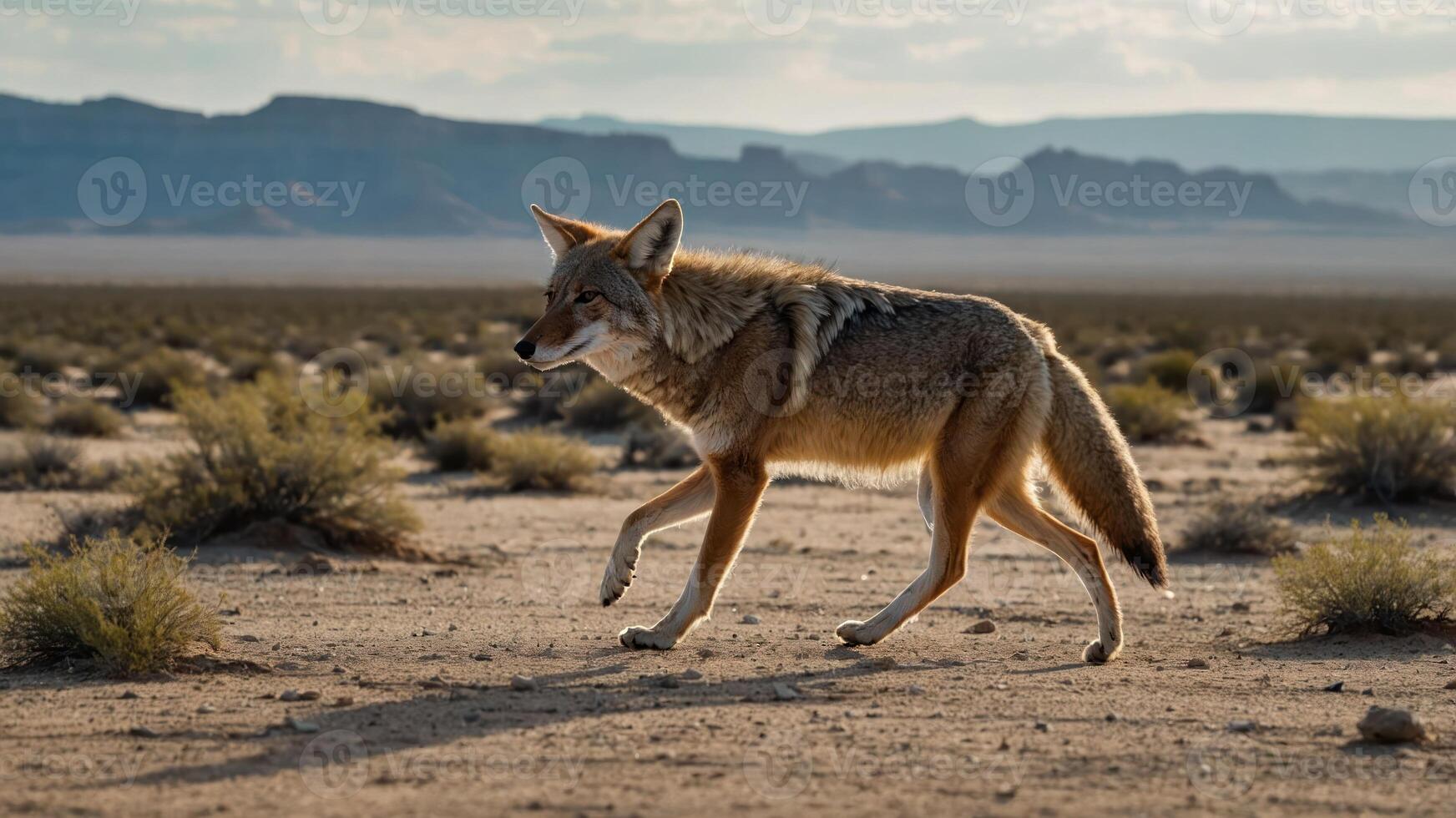 A coyote walking across a desert landscape under a cloudy sky. photo