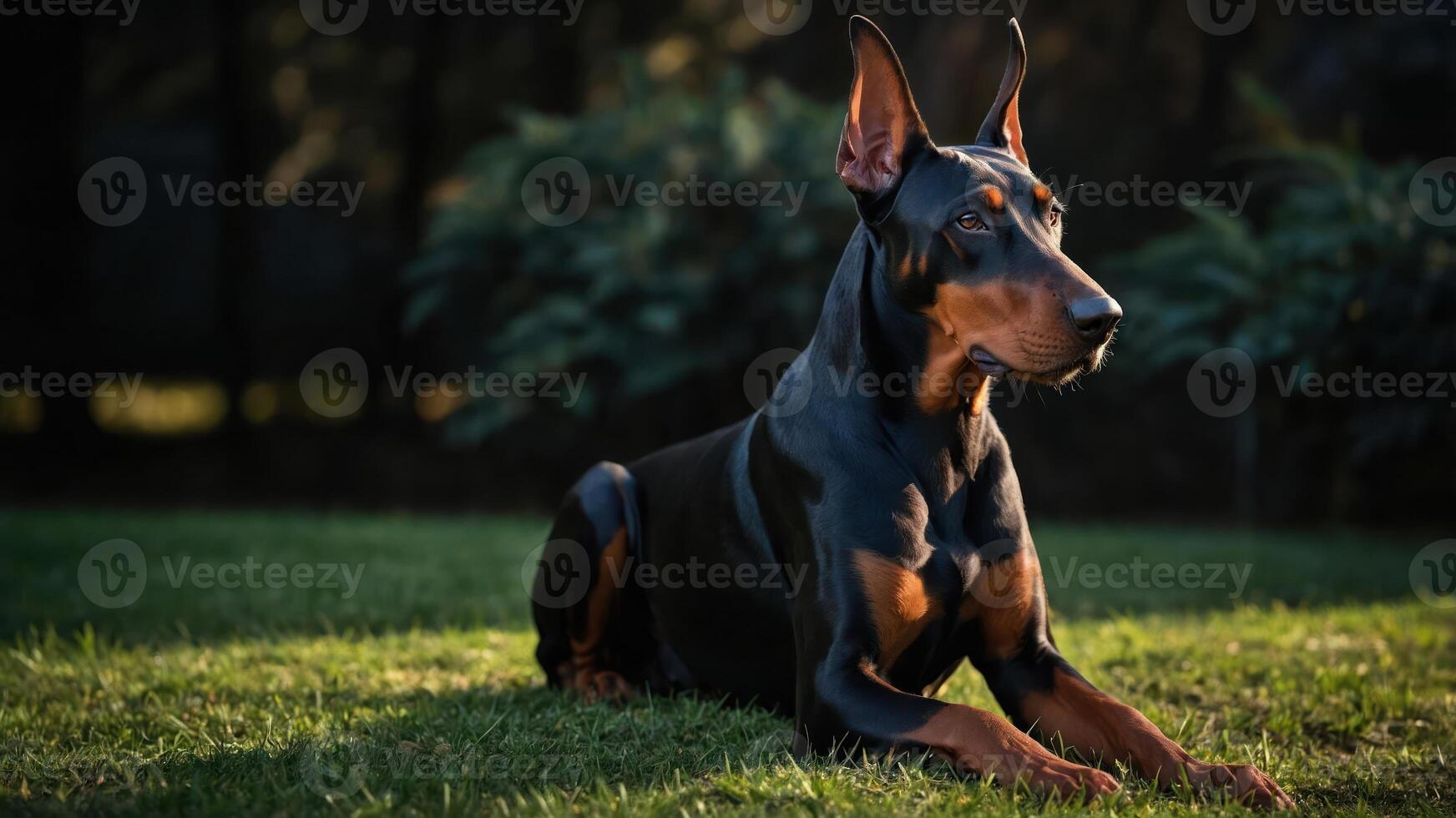 A majestic Doberman lying gracefully on green grass, illuminated by soft sunlight. photo