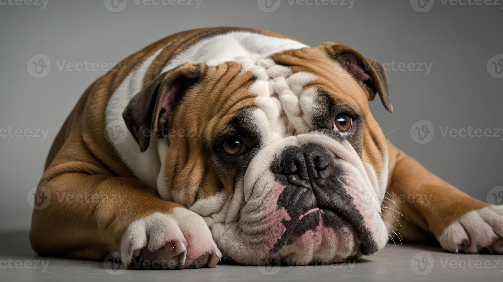 A close-up of a relaxed bulldog resting on a surface, showcasing its expressive eyes. photo