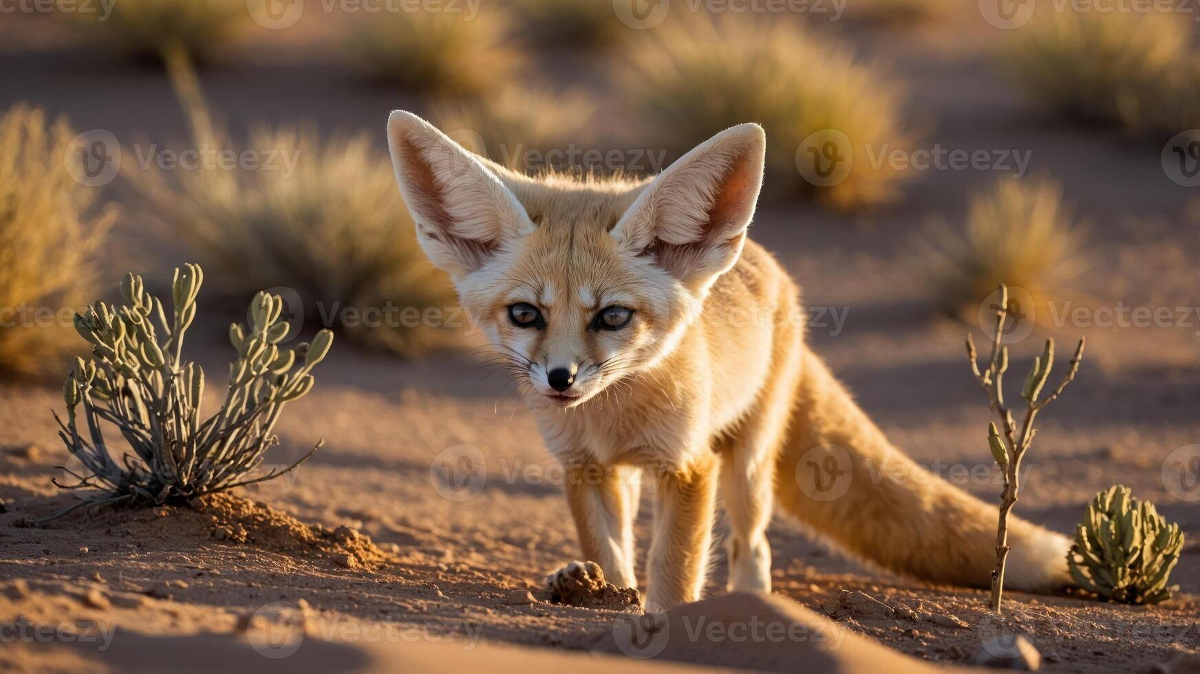A fennec fox explores a sandy desert landscape, showcasing its large ears and curious nature. photo