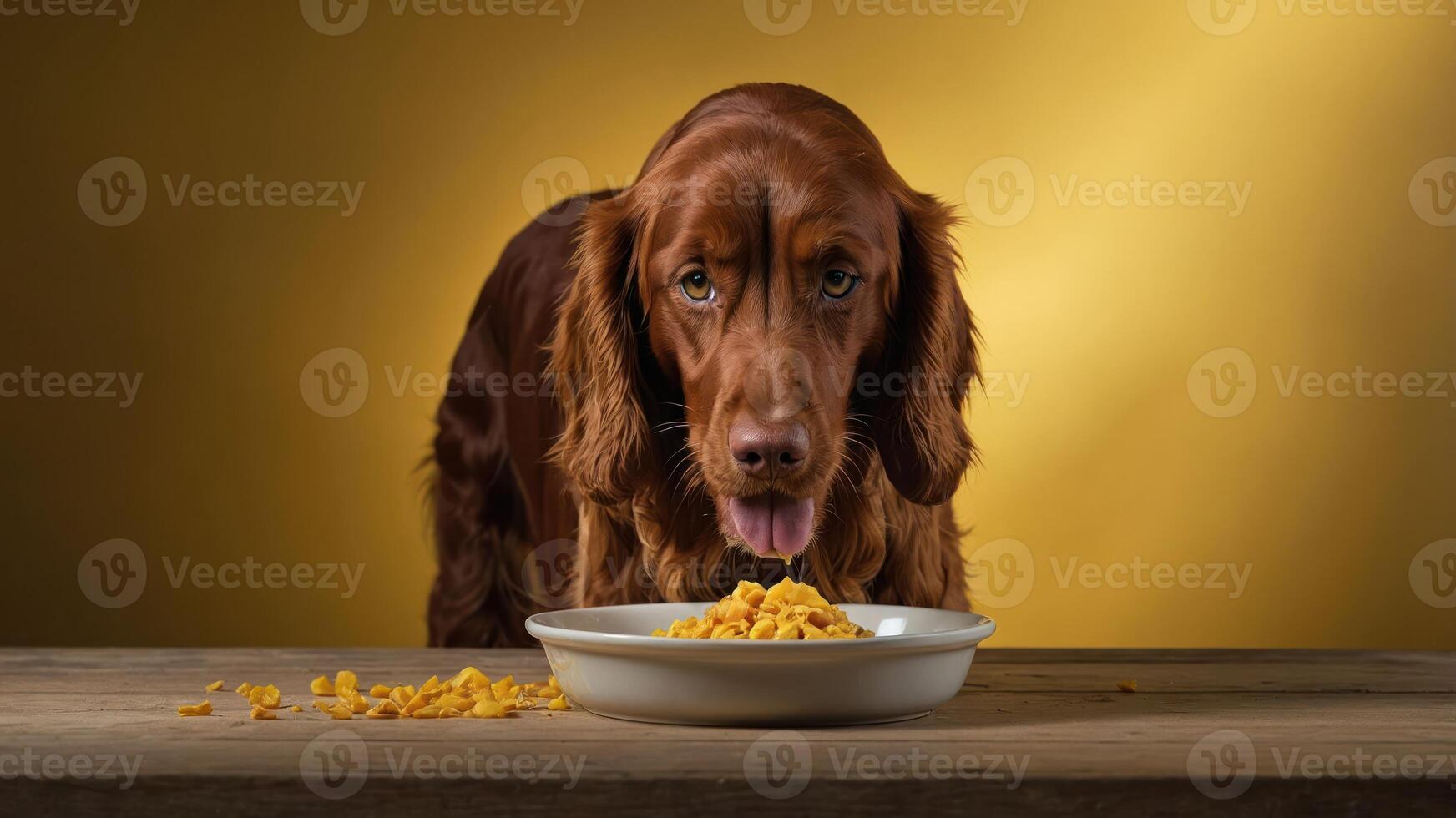 A dog eagerly eating from a bowl on a wooden table with a yellow backdrop. photo