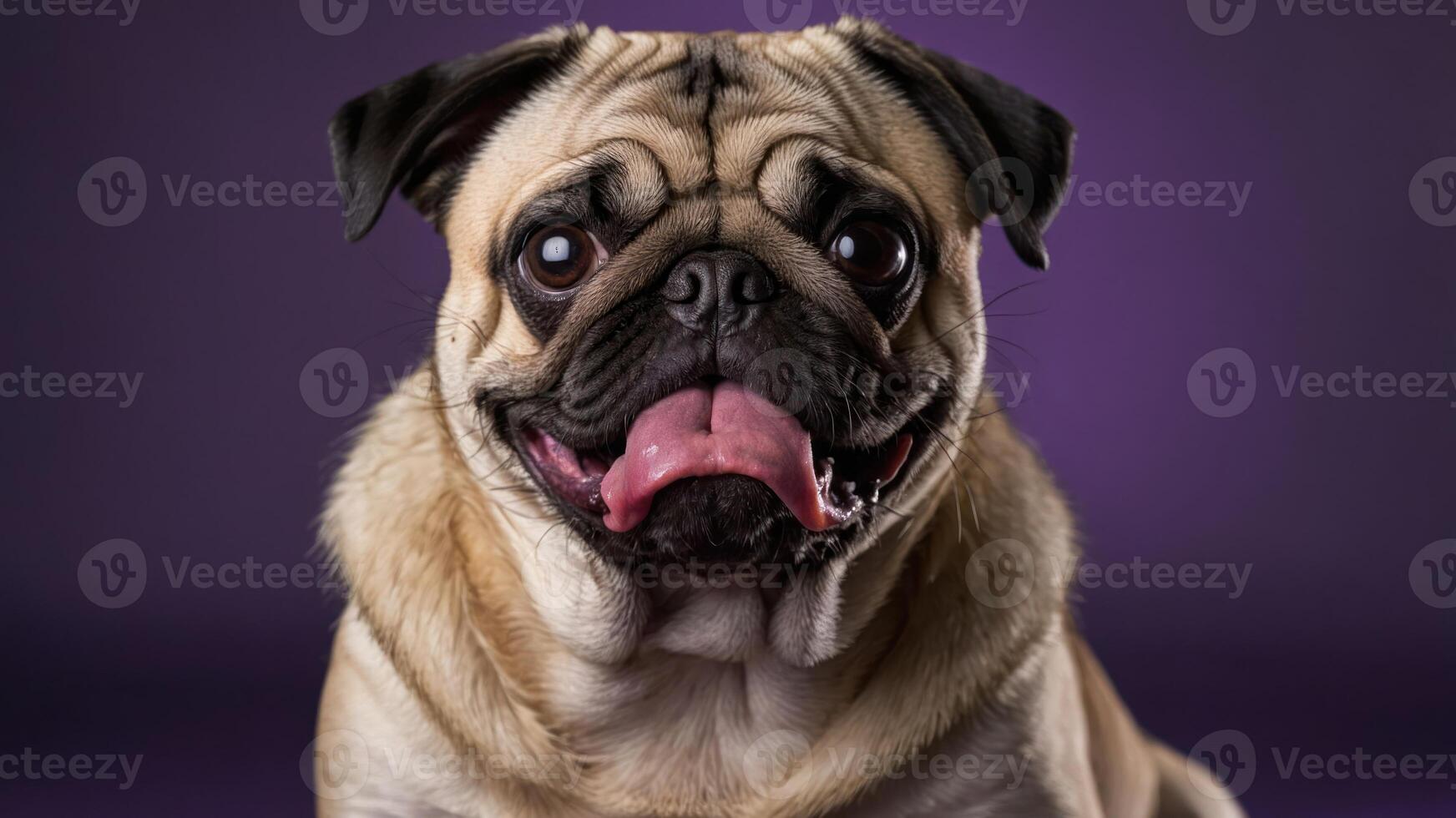 A close-up portrait of a cheerful pug dog with a playful expression against a purple background. photo