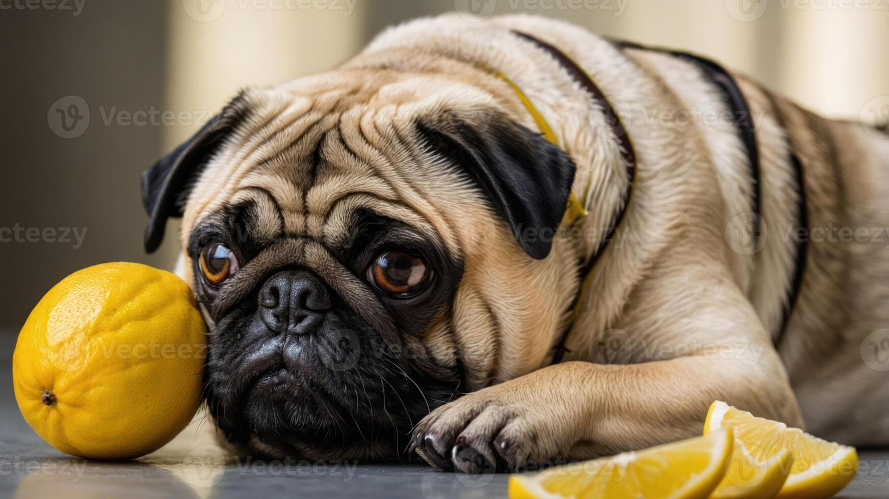 A pug resting beside a lemon, looking contemplative and relaxed. photo